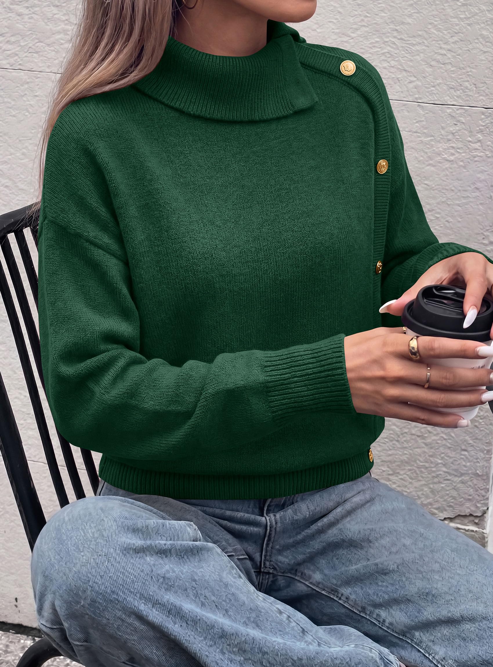 Womens Turtleneck Sweater Pullover Side Button Fall Clothes