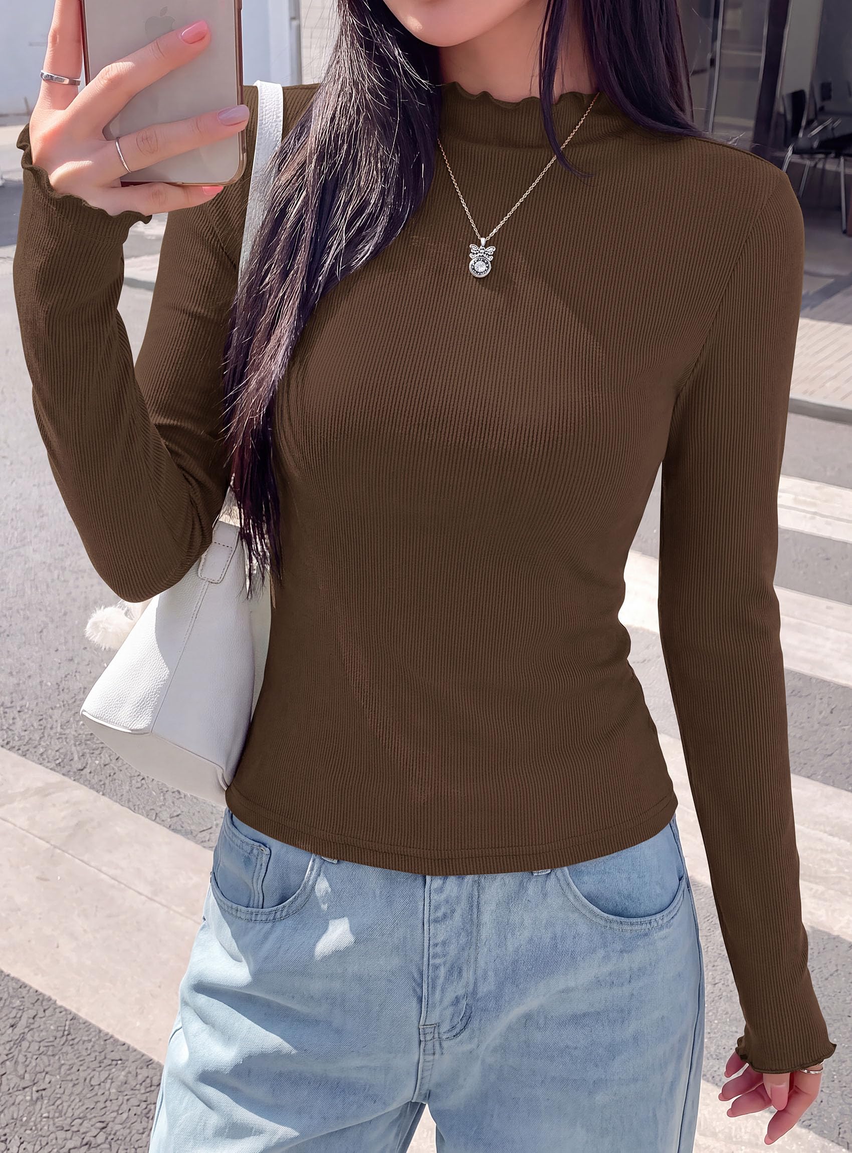 Women's Long Sleeve T Shirts Lettuce Trim Mock Neck Tops
