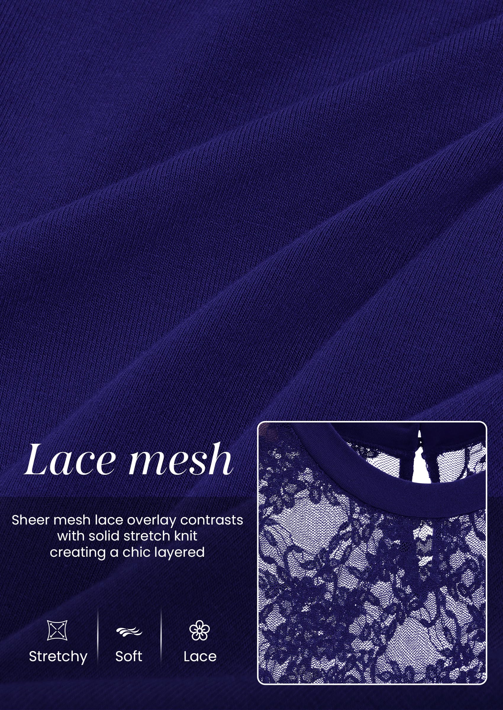 Womens Mesh Sheer Shirts Lace Long Sleeve Tops,Navy,S