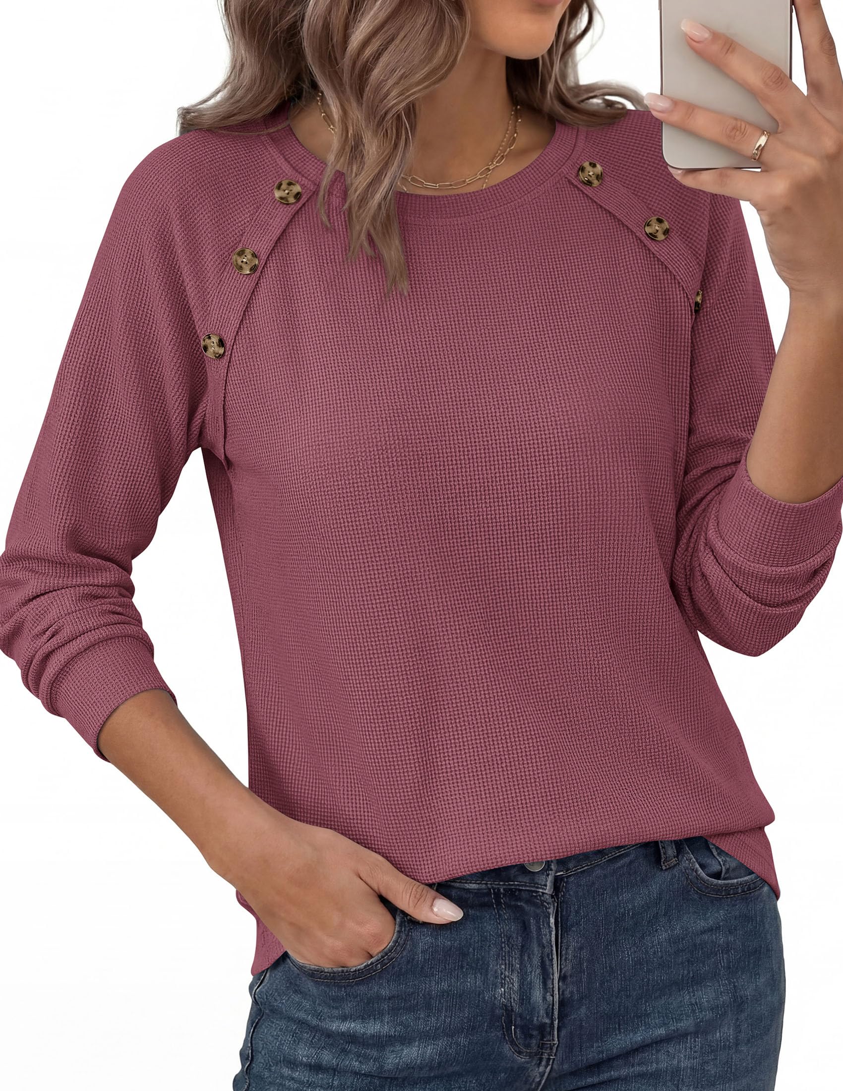 Fall Long Sleeve Waffle Knit Shirts for Women Loose Tunic Tops