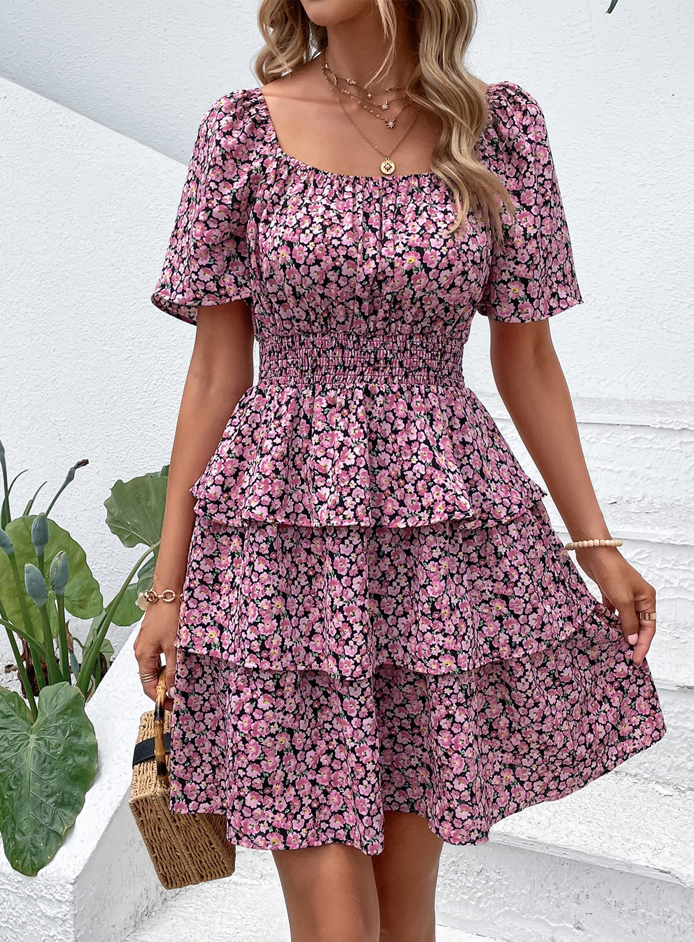 Women's Summer Floral Ruffle Short Dress Black Pink Floral,S
