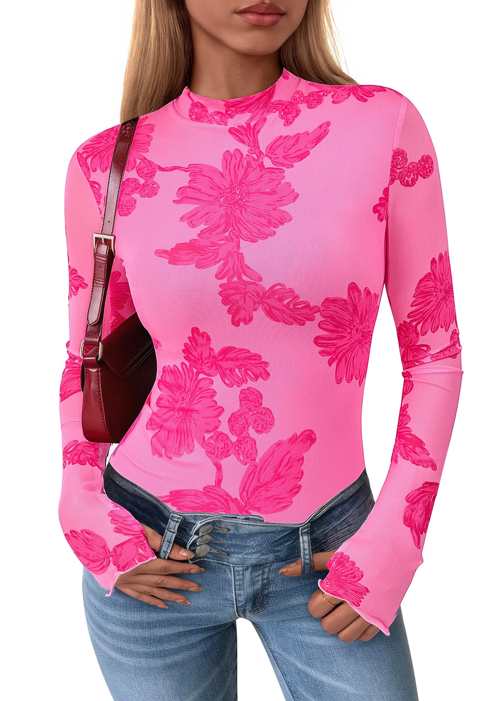 Womens Floral Mesh Long Sleeve Tops Fall Slim Fitted Shirts