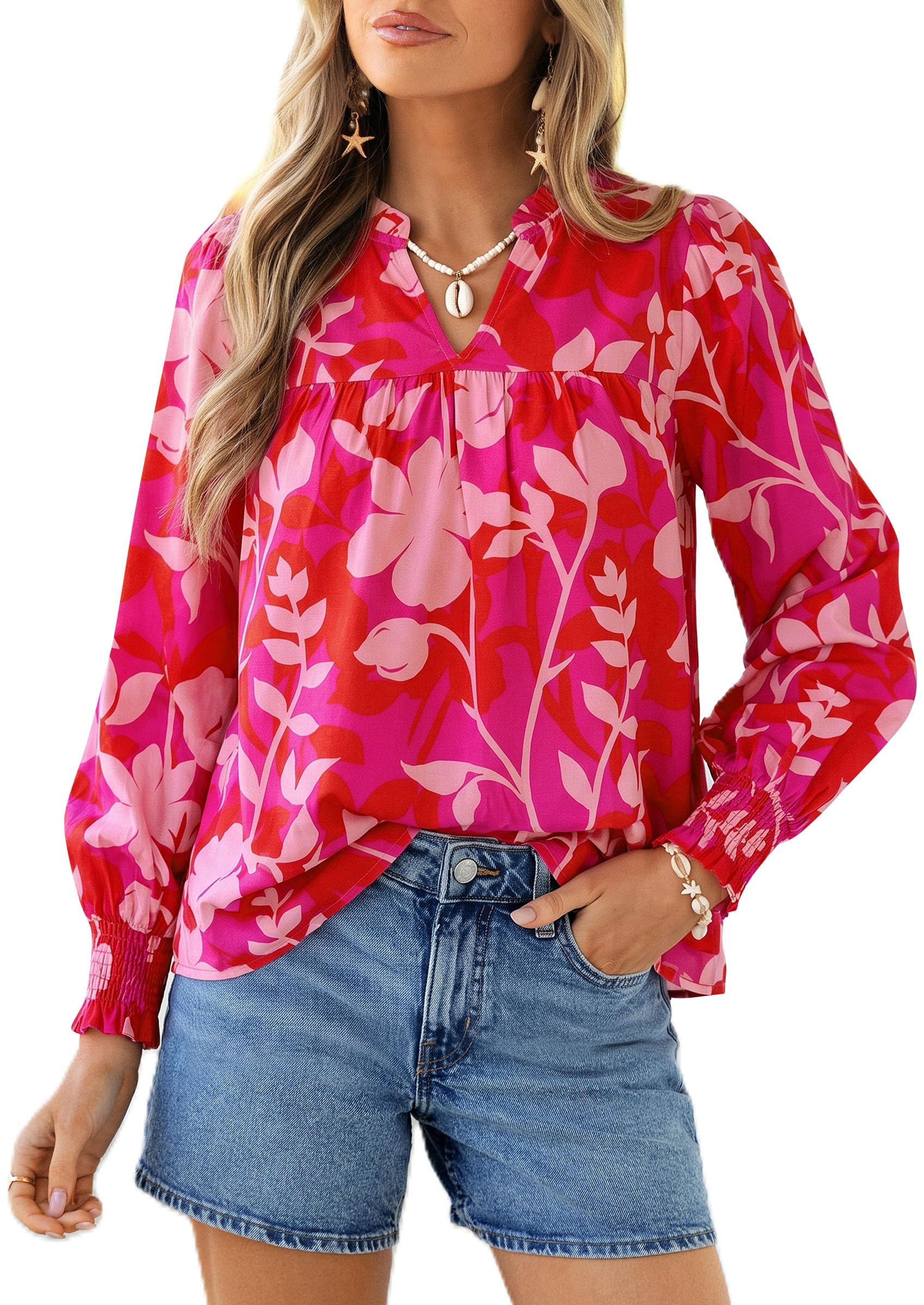 Women's Boho Floral Blouses Dressy Casual Rose Red,S