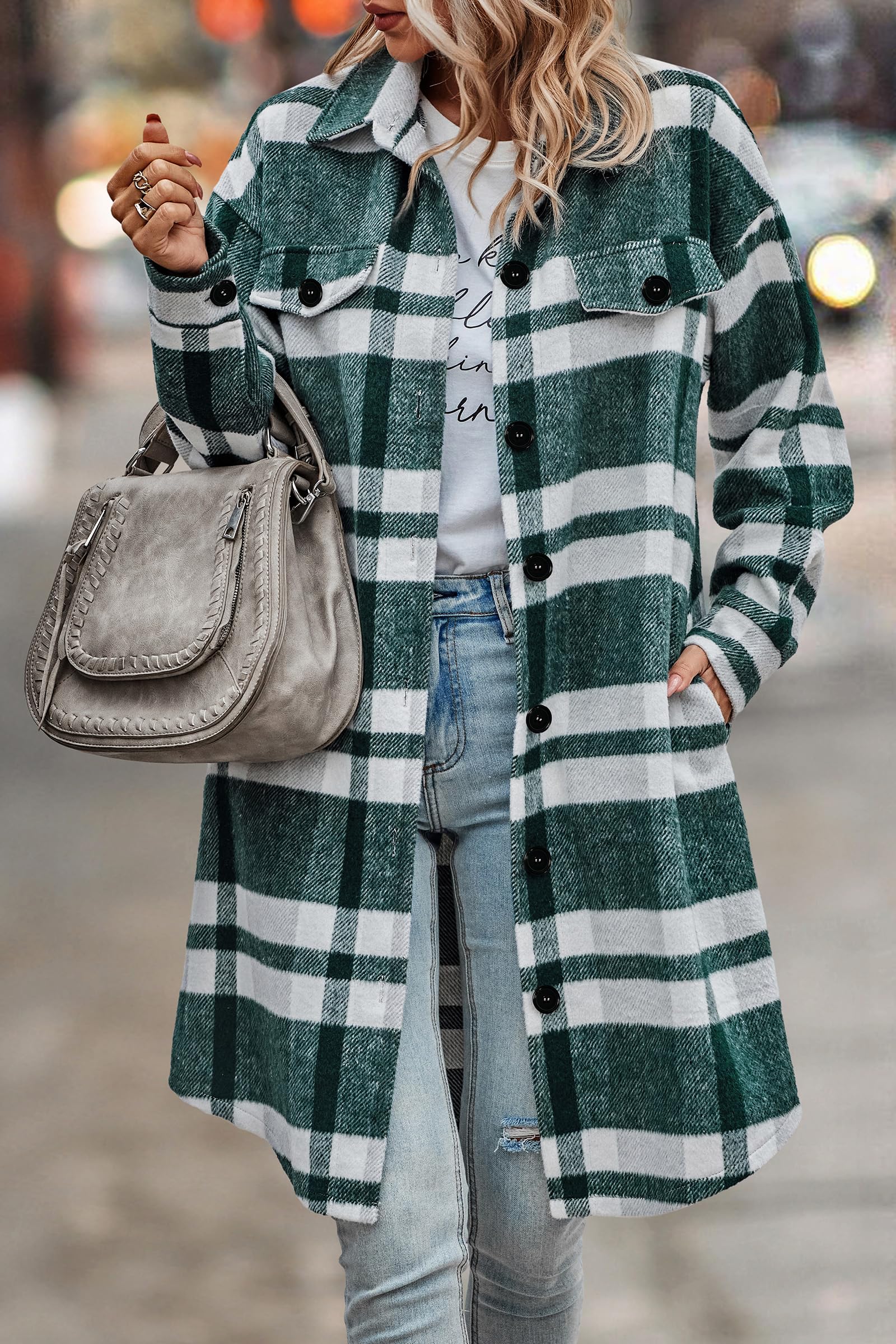 Womens Plaid Shacket Jacket Flannel Shirts,Plaid Dark Green,S