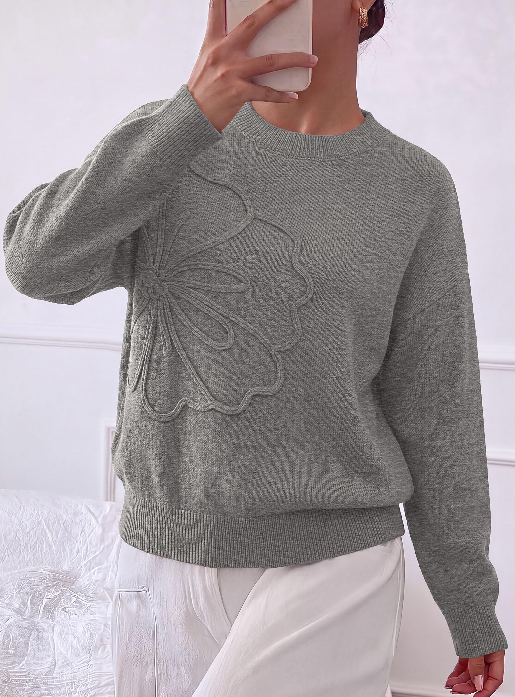 Womens Sweaters Floral Long Sleeve Knit Tops,Grey,L