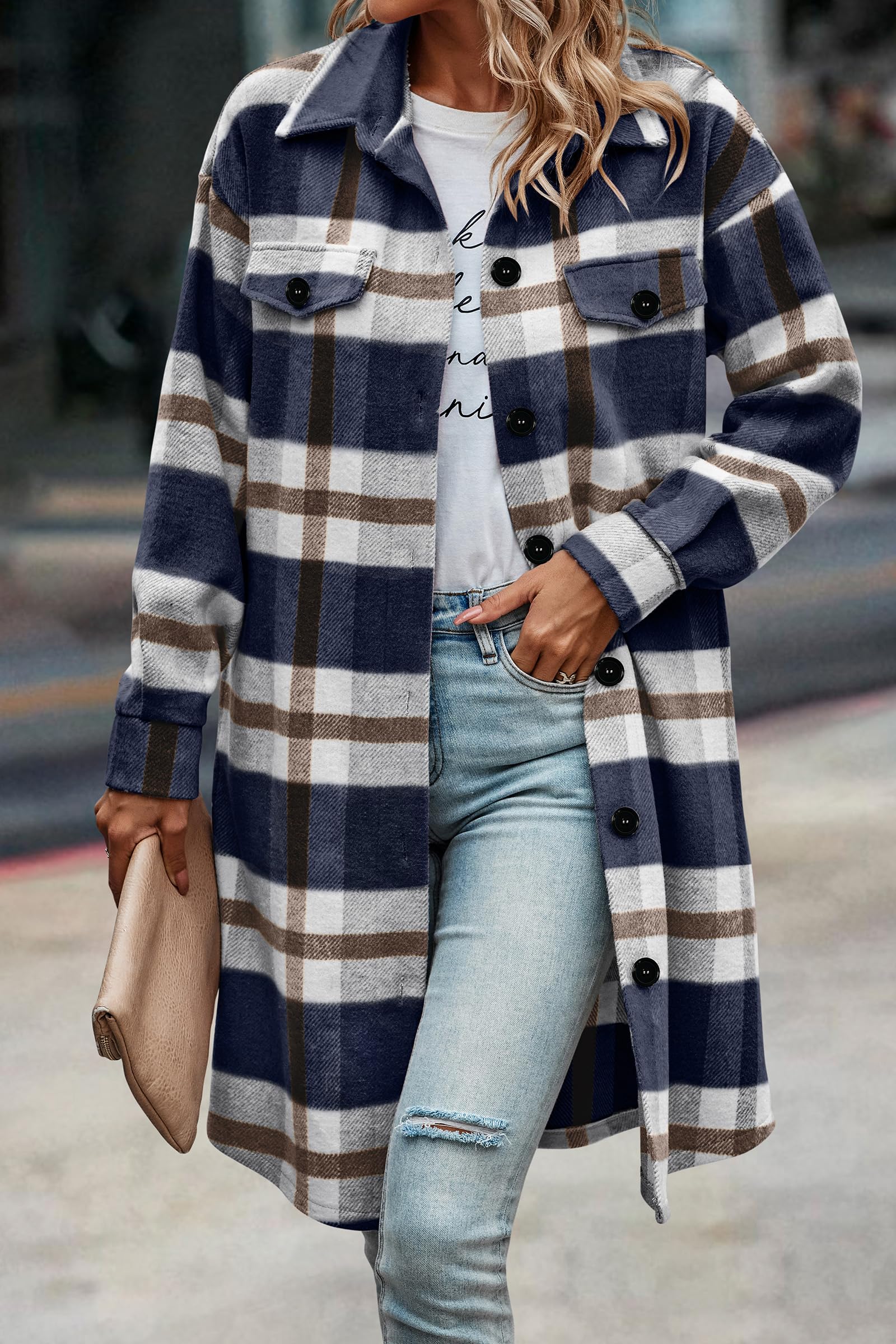 Womens Plaid Shacket Jacket Flannel Shirts,Plaid Navy,S