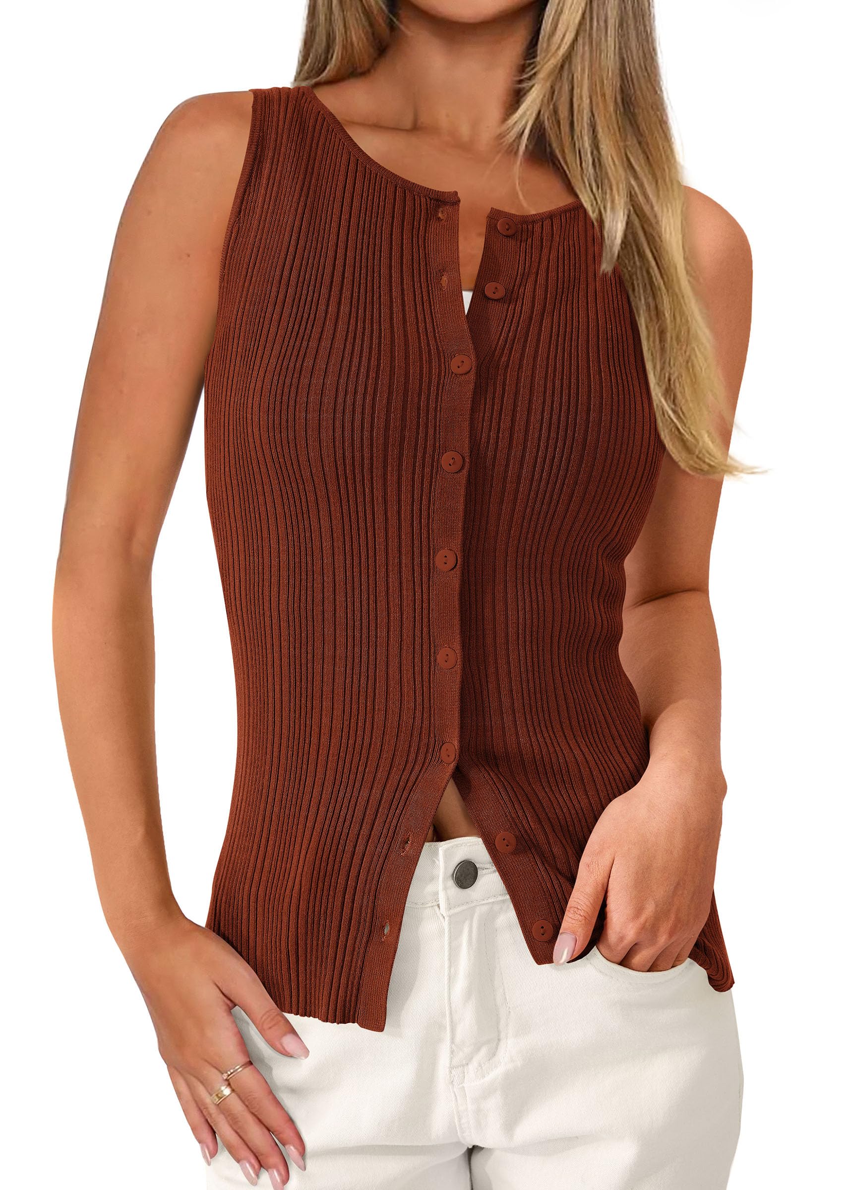 Sleeveless Button Down Shirts for Women Summer 2026 Going Out Ribbed Knit Tank Tops Y2K Clothes Trendy Vest Tops Caramel
