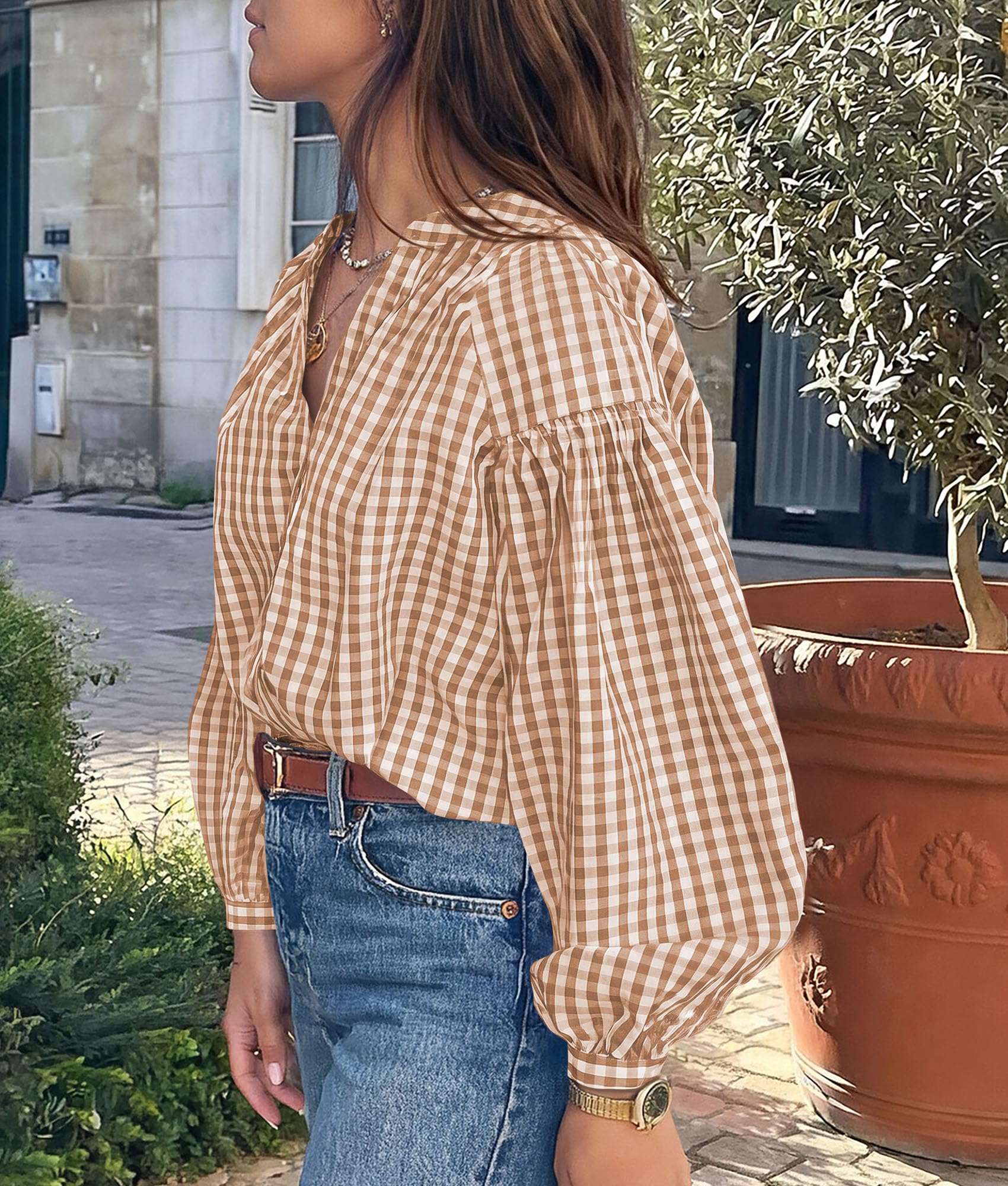 Women Fall Plaid Long Puff Sleeve Shirts V Neck Casual Blouses
