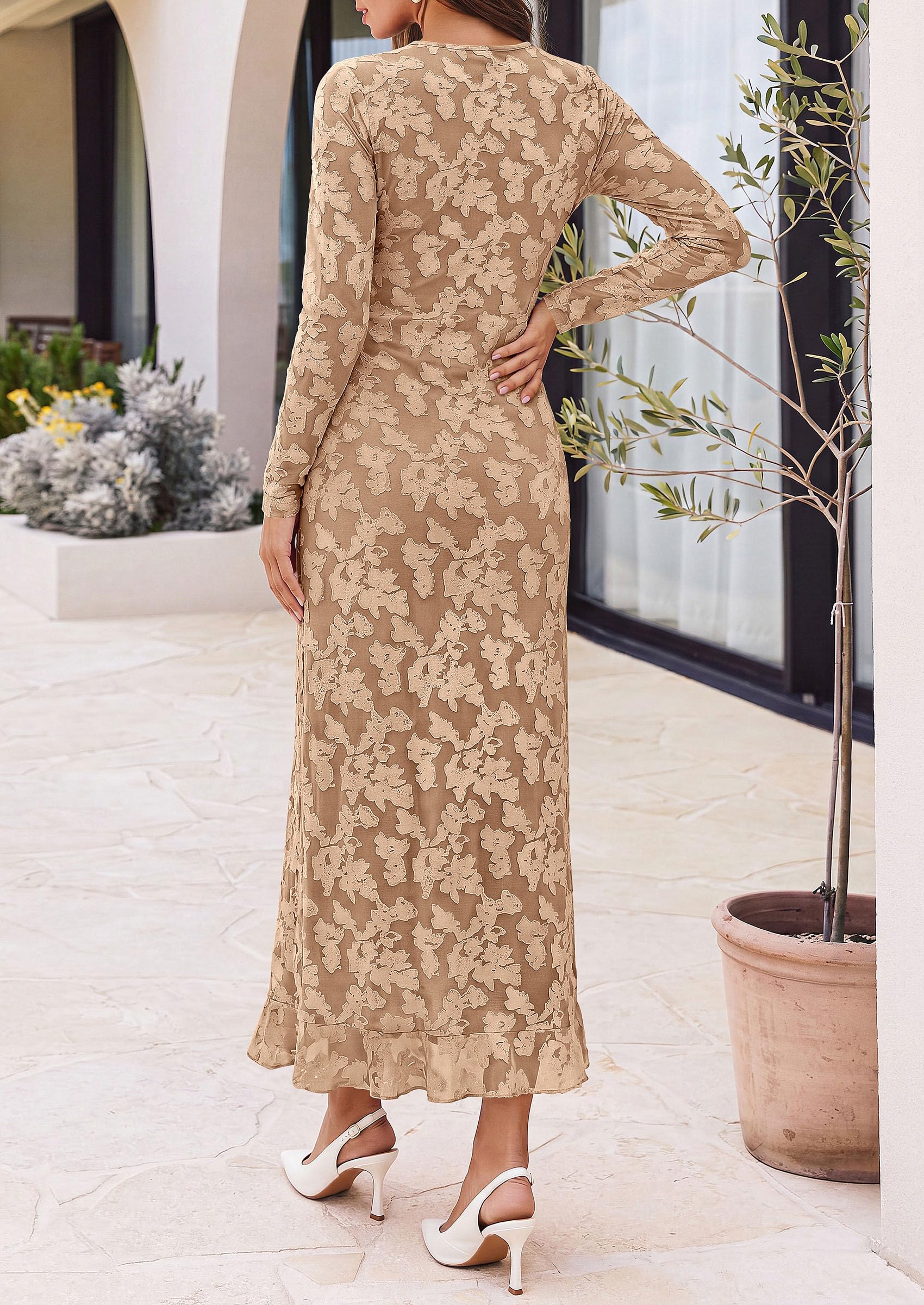 Women's Formal Maxi Floral Dresses with Slit (Khaki,XS)