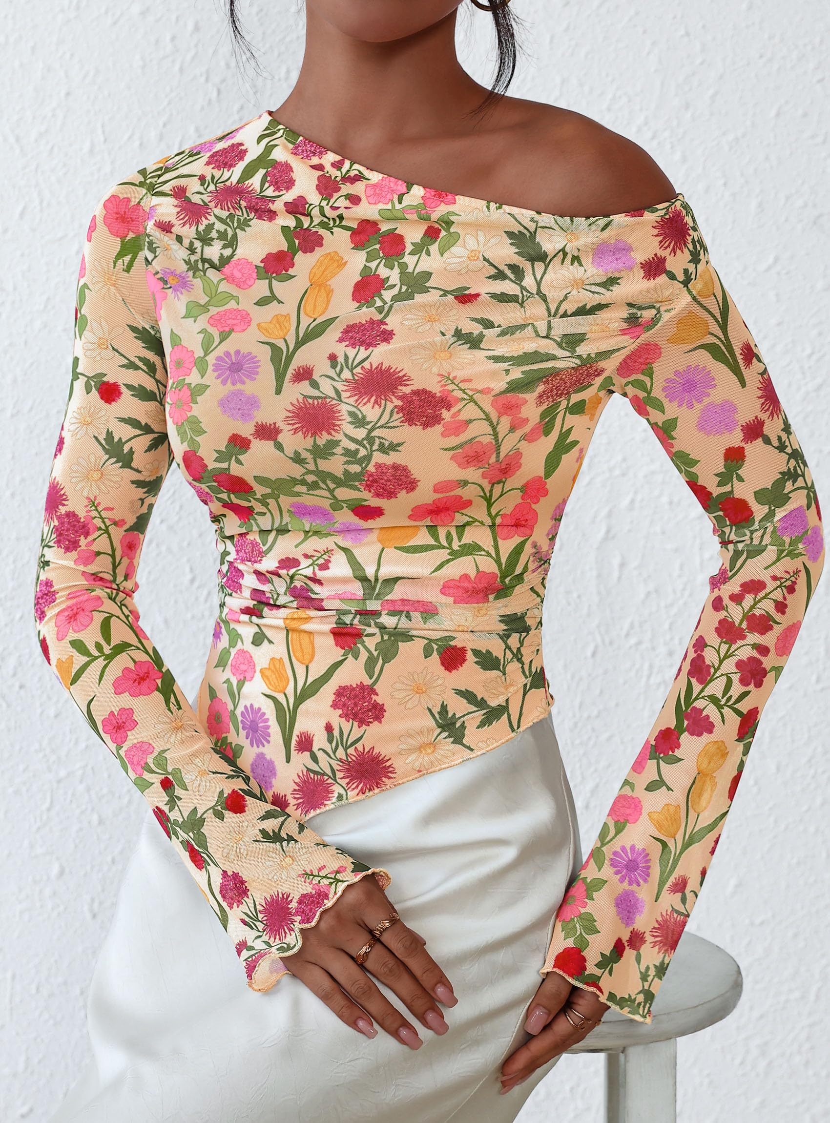 Womens Off Shoulder Mesh Y2k Tops,Floral Apricot Multi,XS