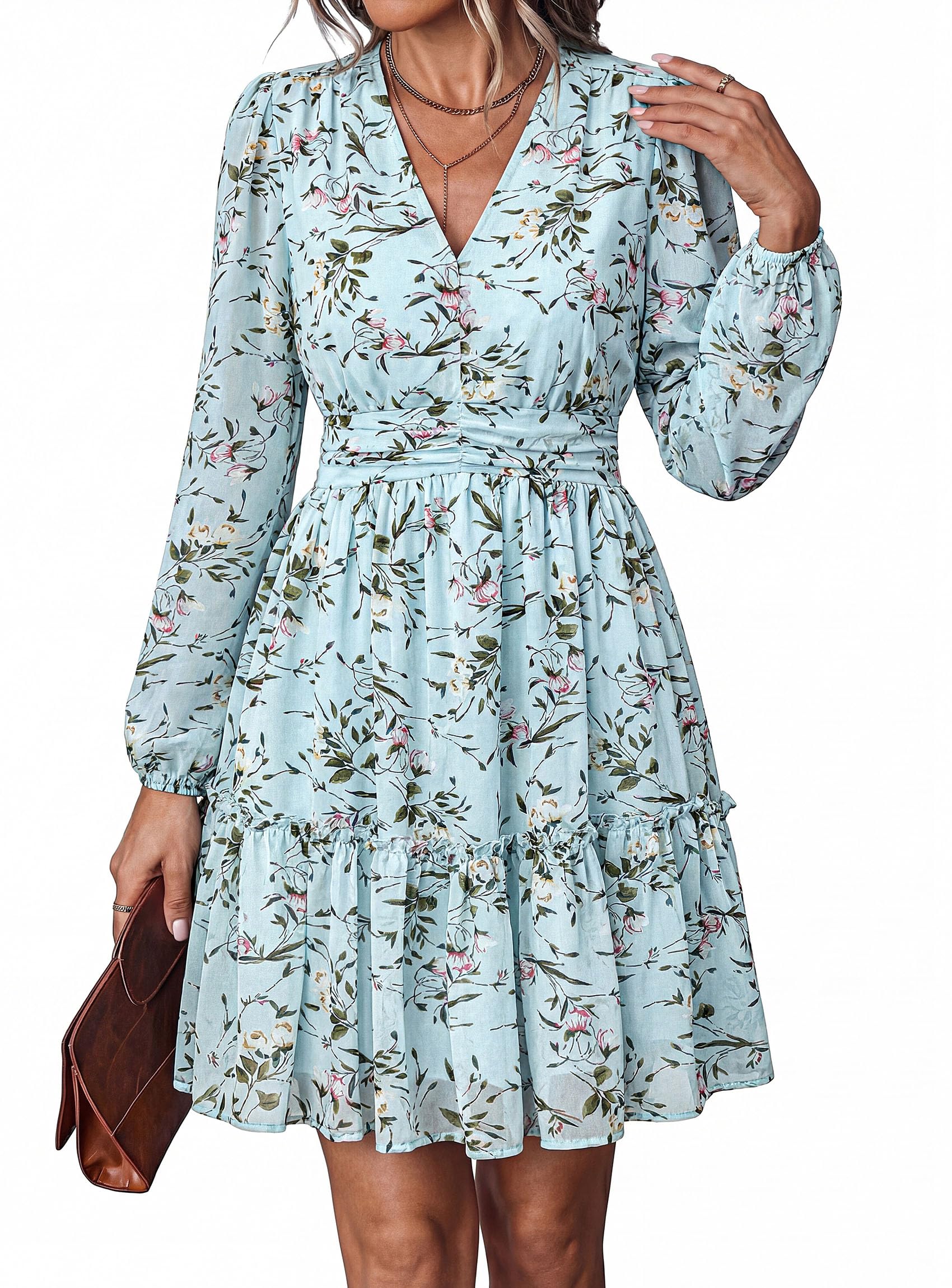 Women Floral Long Sleeve Mini Dress Fall Wedding Guest Dresses