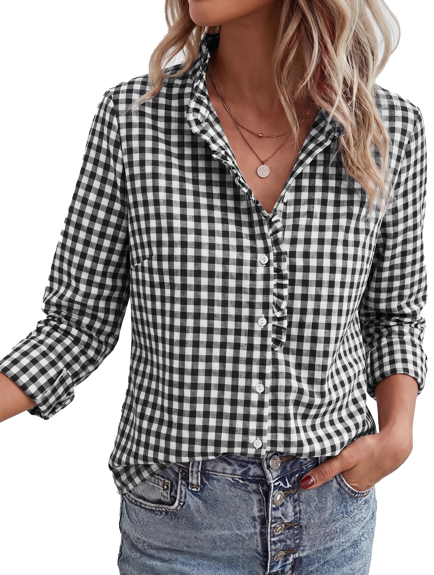 Womens Long Sleeve Button Down Shirts,Black White,S