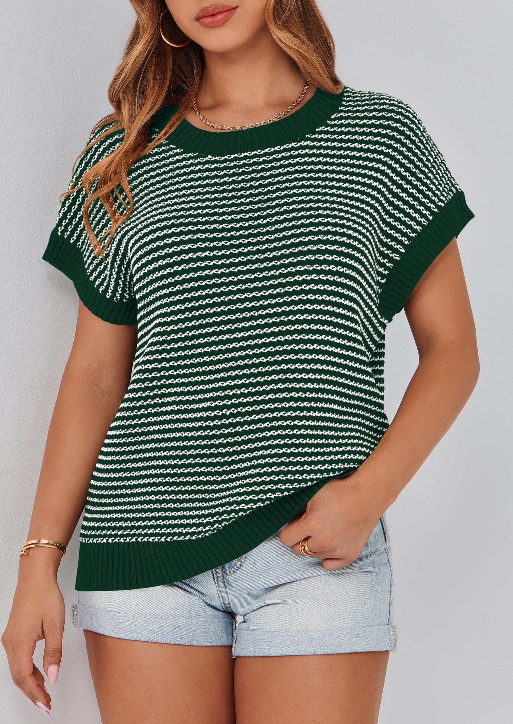 Women's Striped Short Sleeve Sweater Vest Dark Green,S
