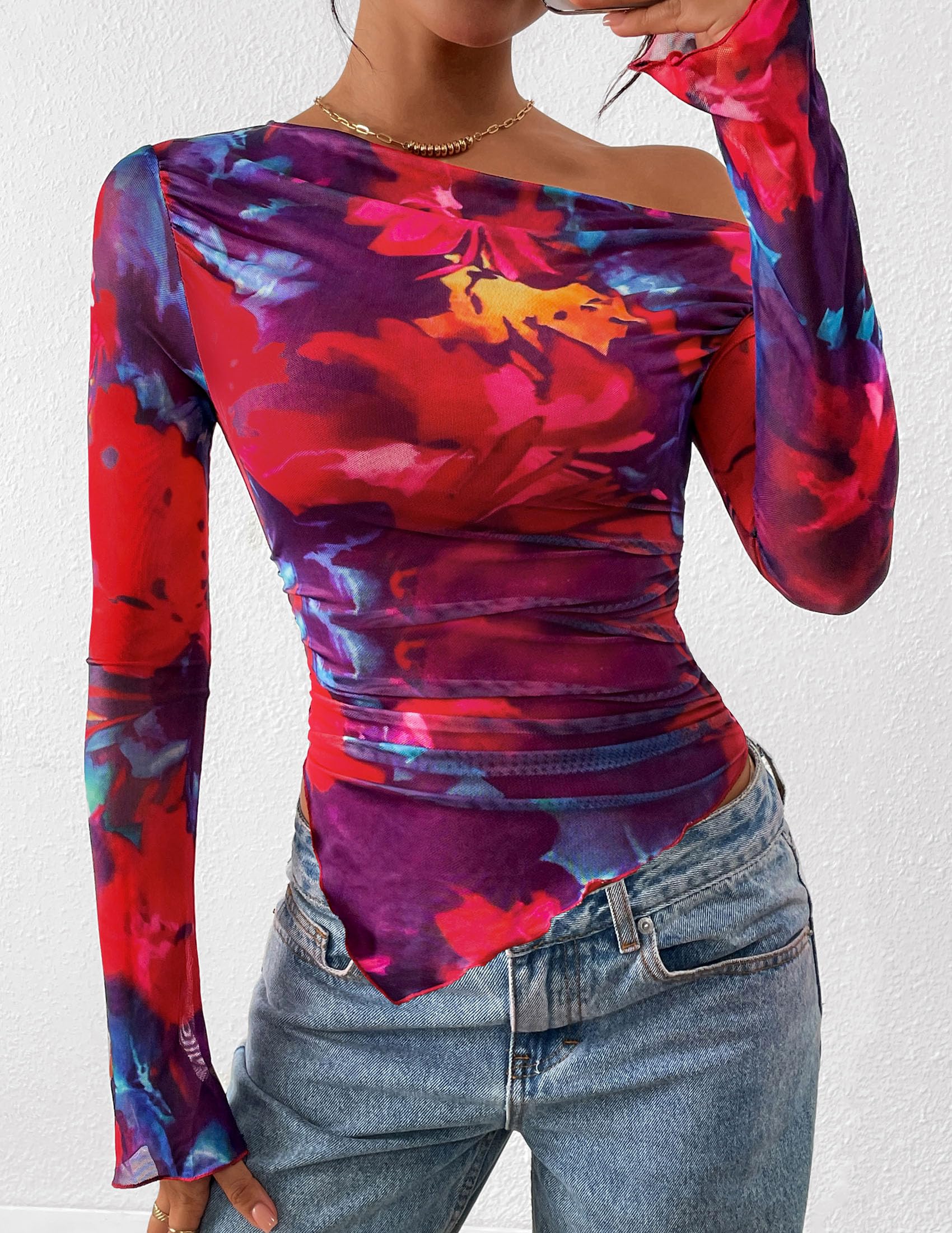 Womens Off Shoulder Mesh Y2k Tops,Floral Navy Red,XS