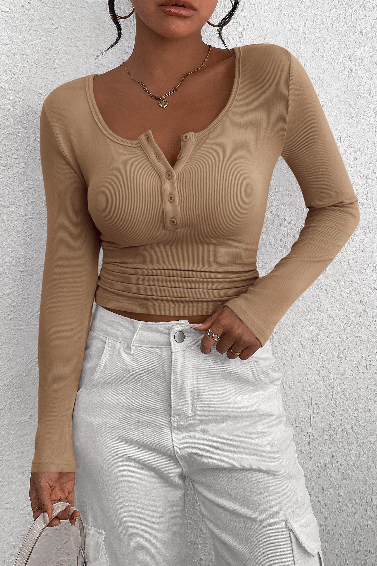 Women's Fall Long Sleeve Henley T Shirts Light Khaki