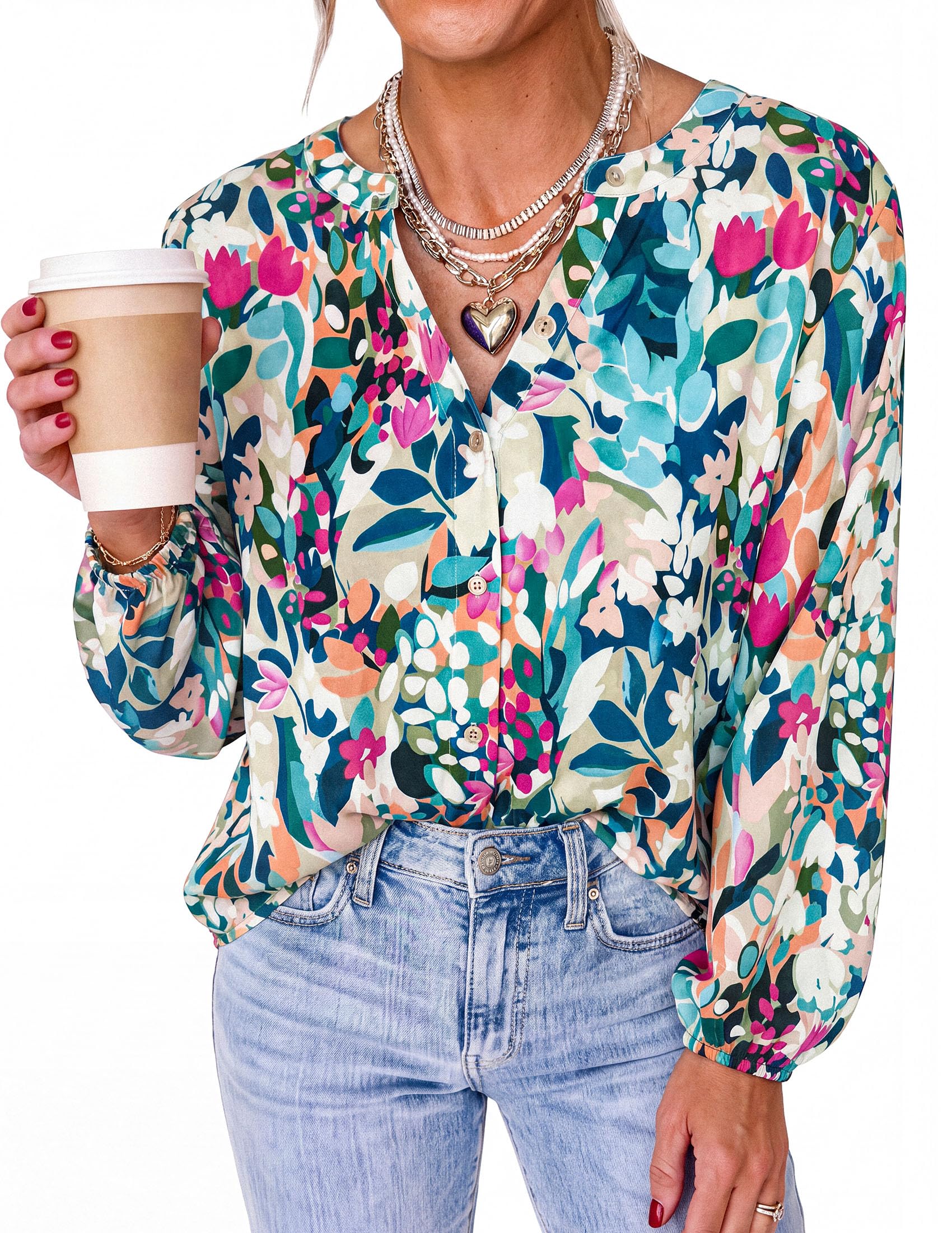 Women's Boho Tops Fall Long Sleeve Button Down Floral Blouses
