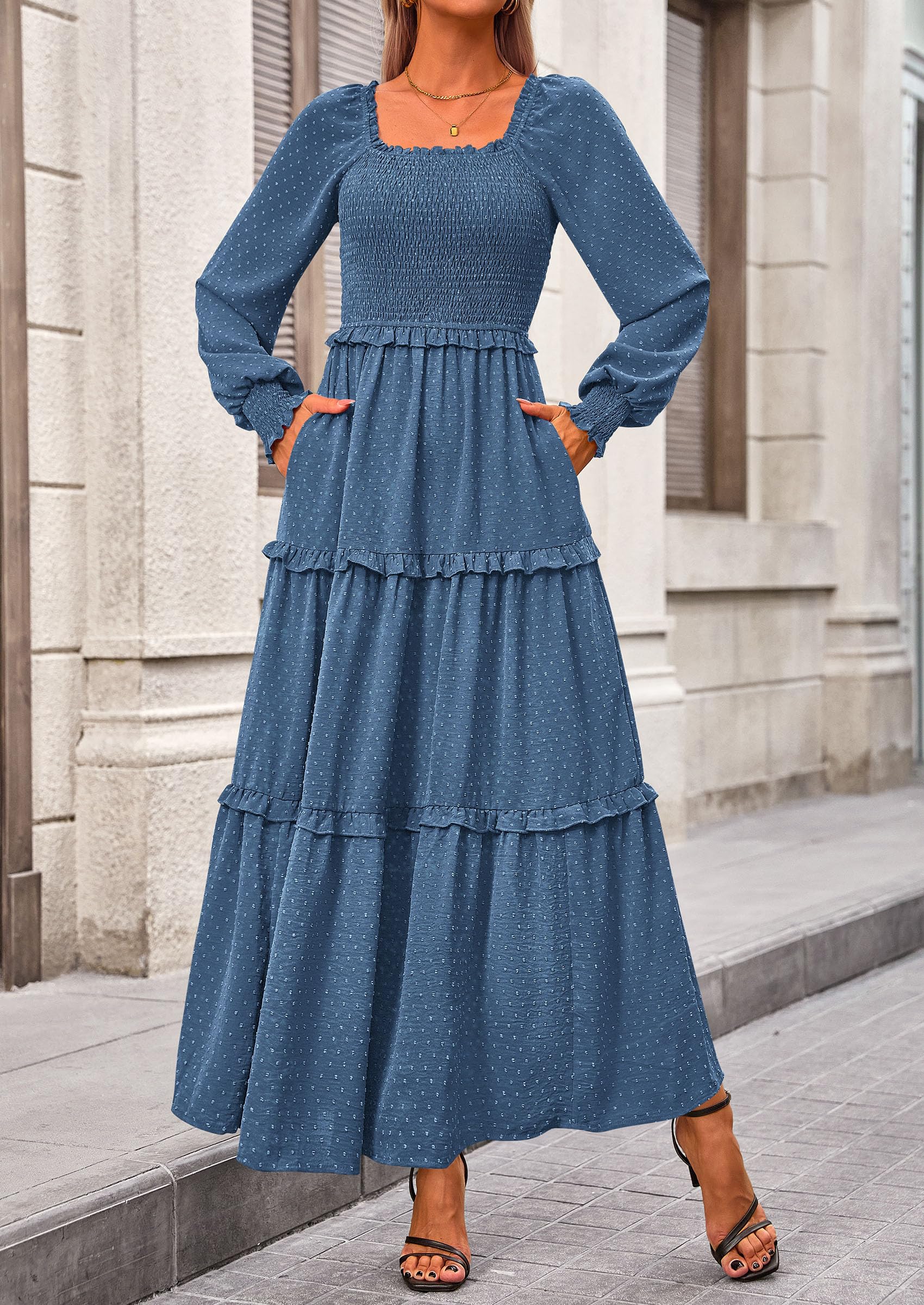 Women's Smocked Long Sleeve Maxi Dress Wedding Guest Dresses