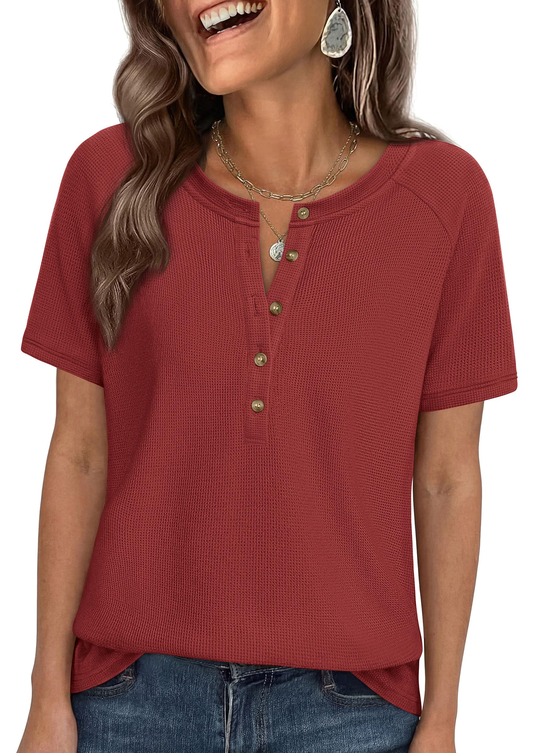 Women's Short Sleeve Waffle Knit Henley Shirts, Rust,S