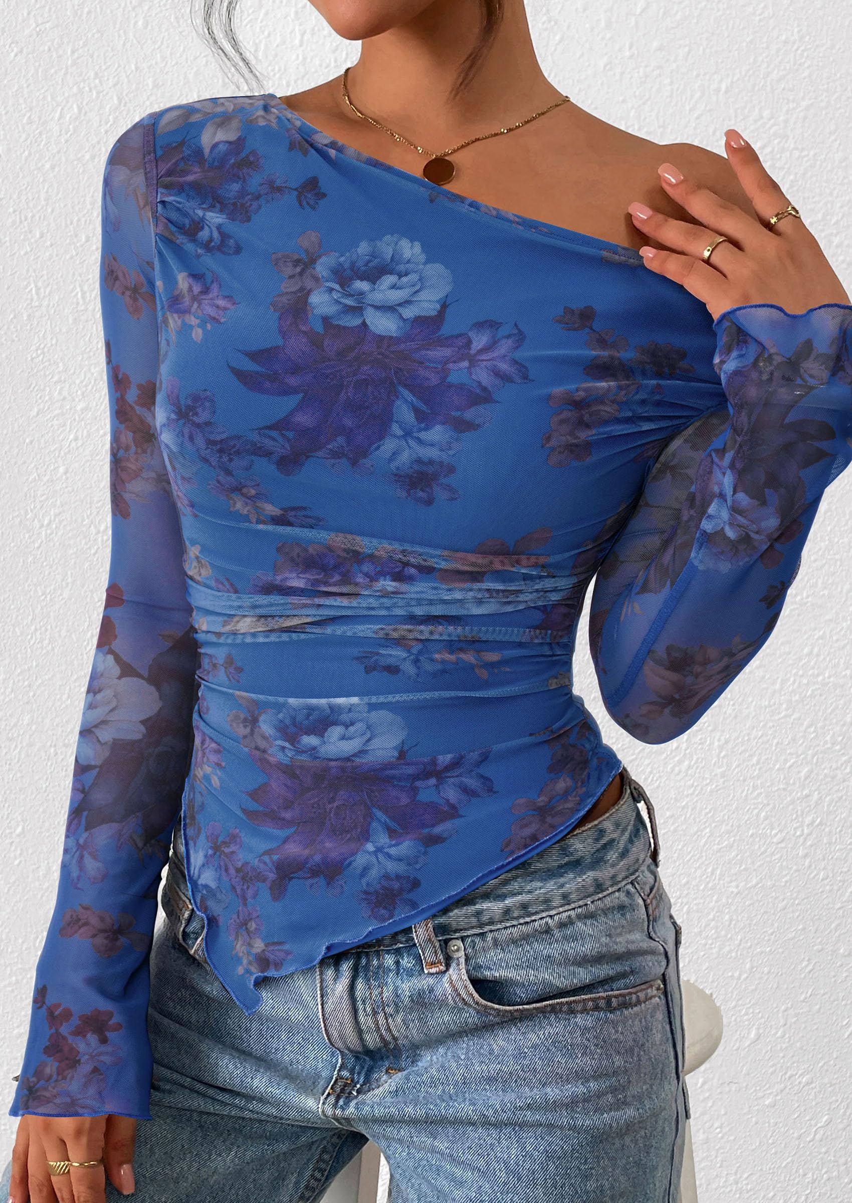 Womens Off Shoulder Mesh Y2k Tops,Floral Blue,XS