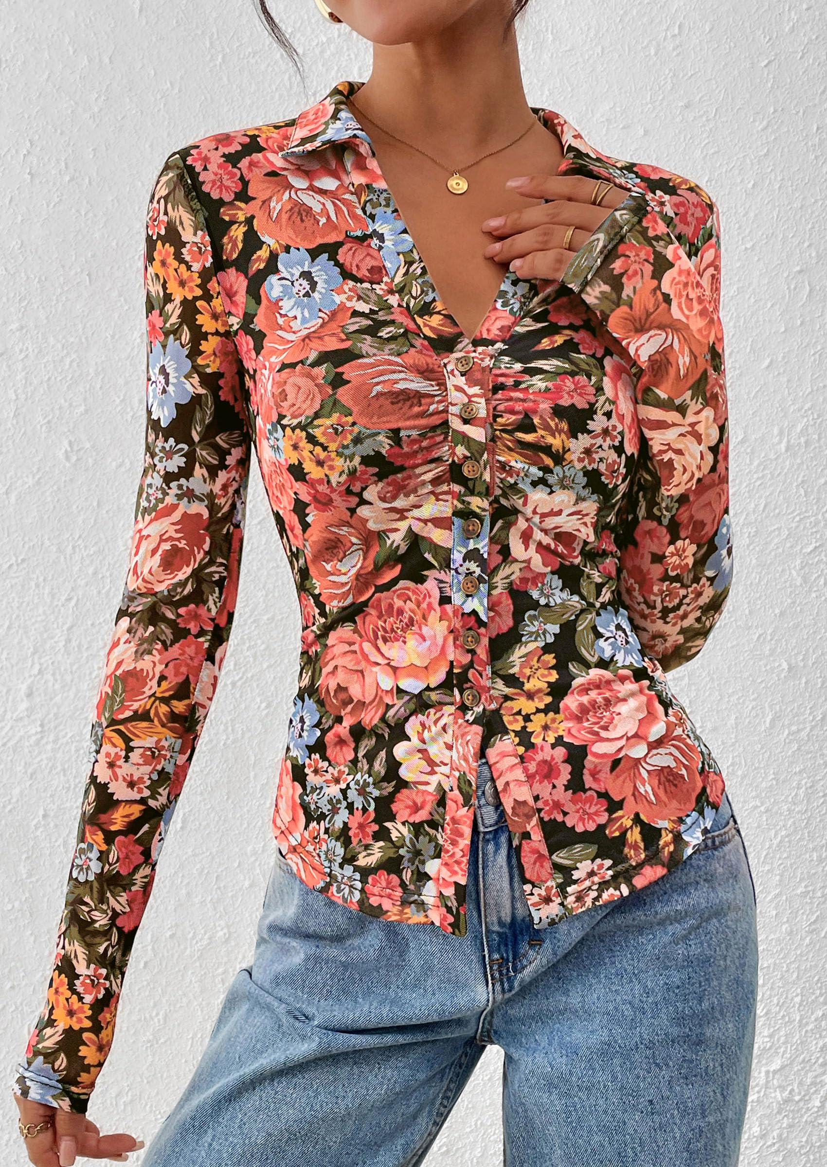 Women's Button Down Shirts Boho Mesh Floral Going Out Tops