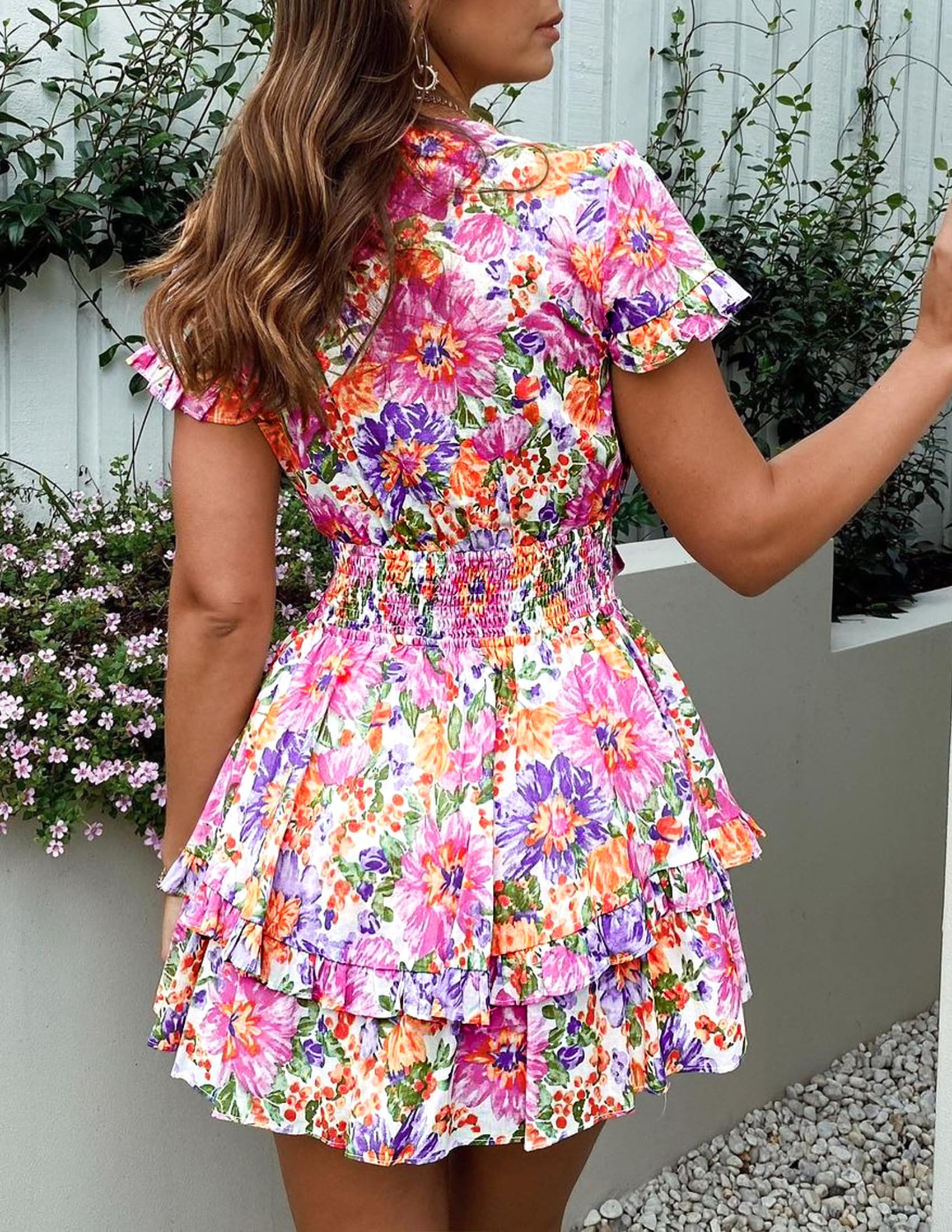 Women's Boho Floral Mini Tiered Bow Dress, Floral White,S