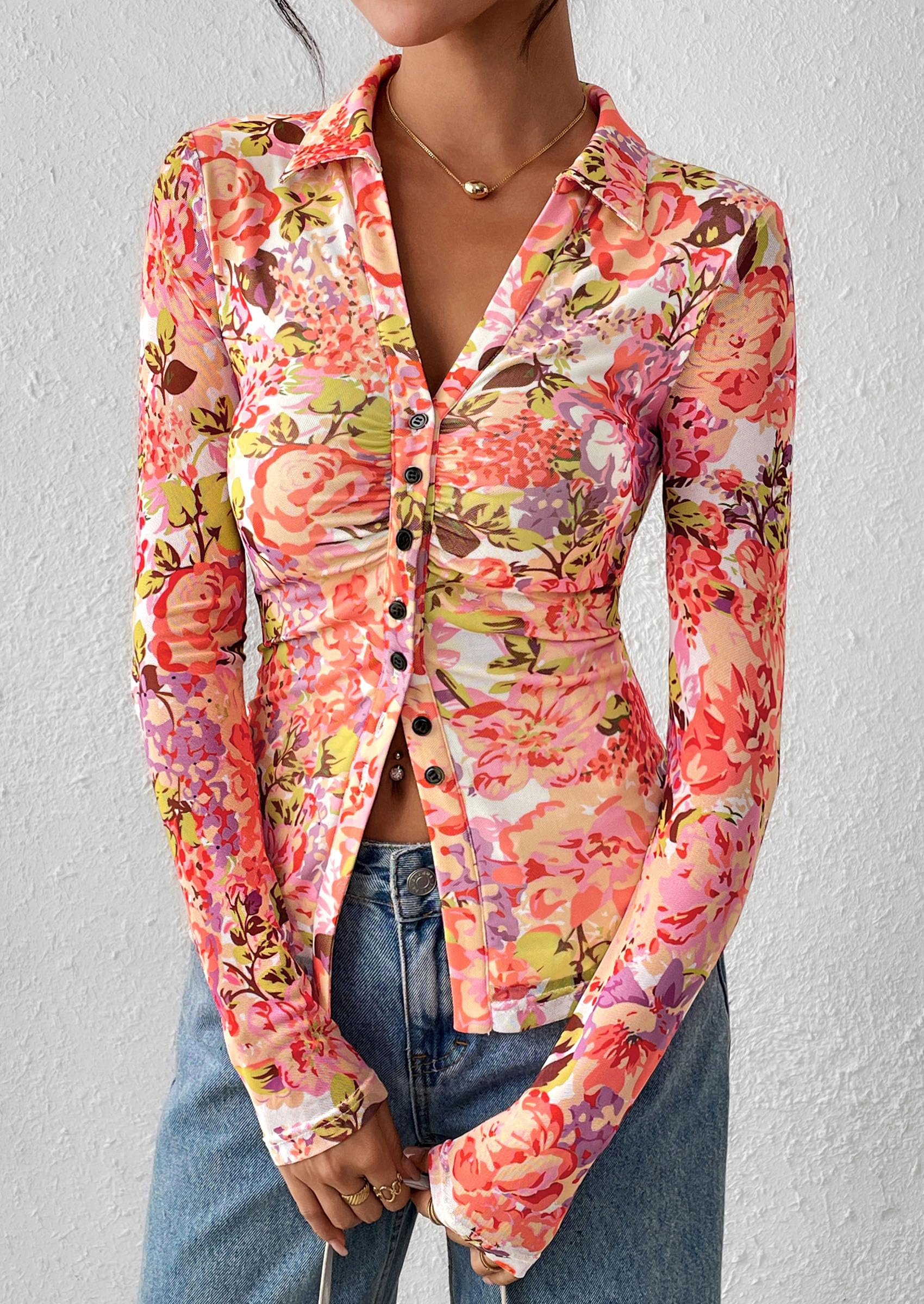 Women's Button Down Shirts Boho Mesh Floral Going Out Tops