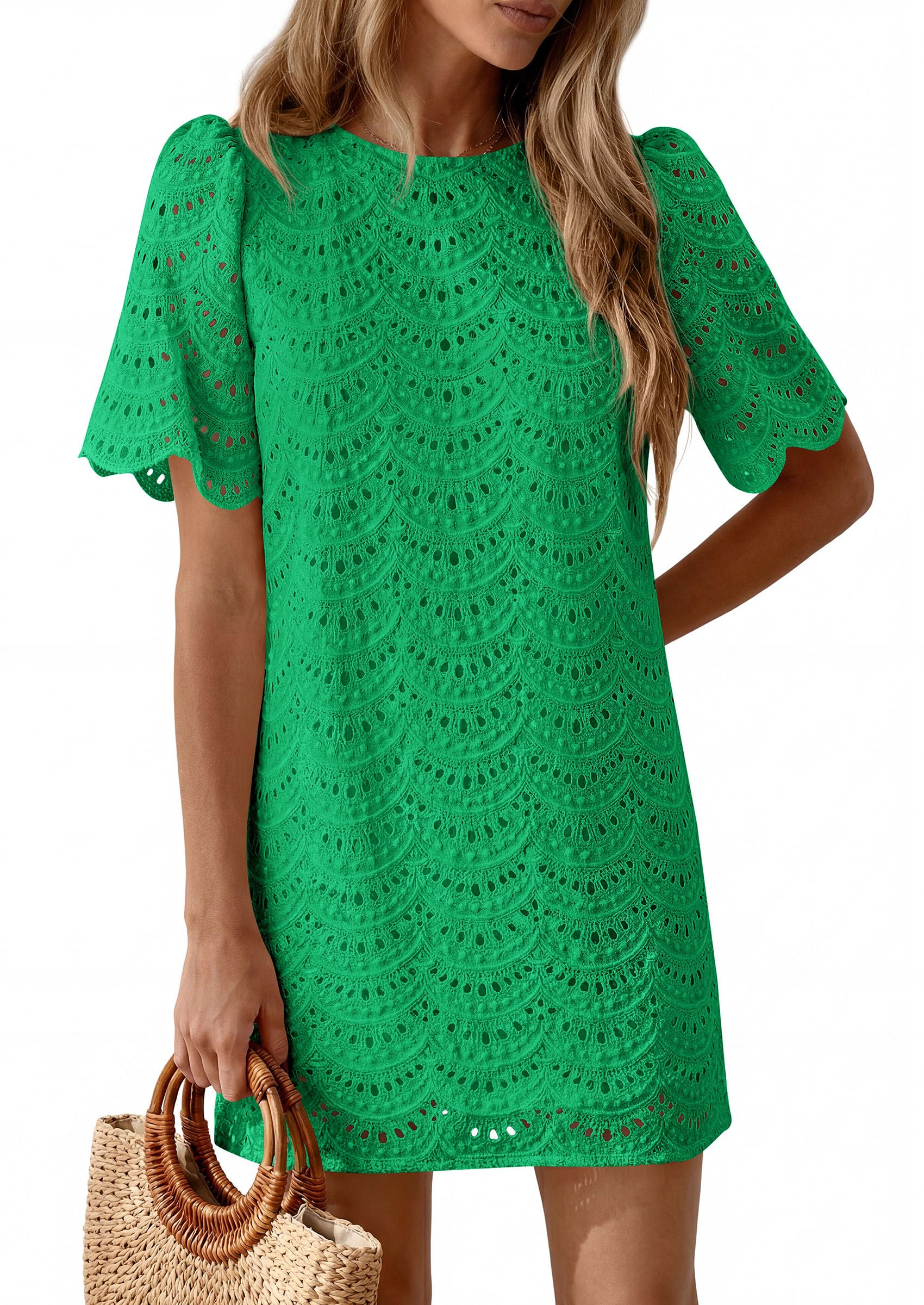 Women's Summer Eyelet Lace Short Dress (Green,S)