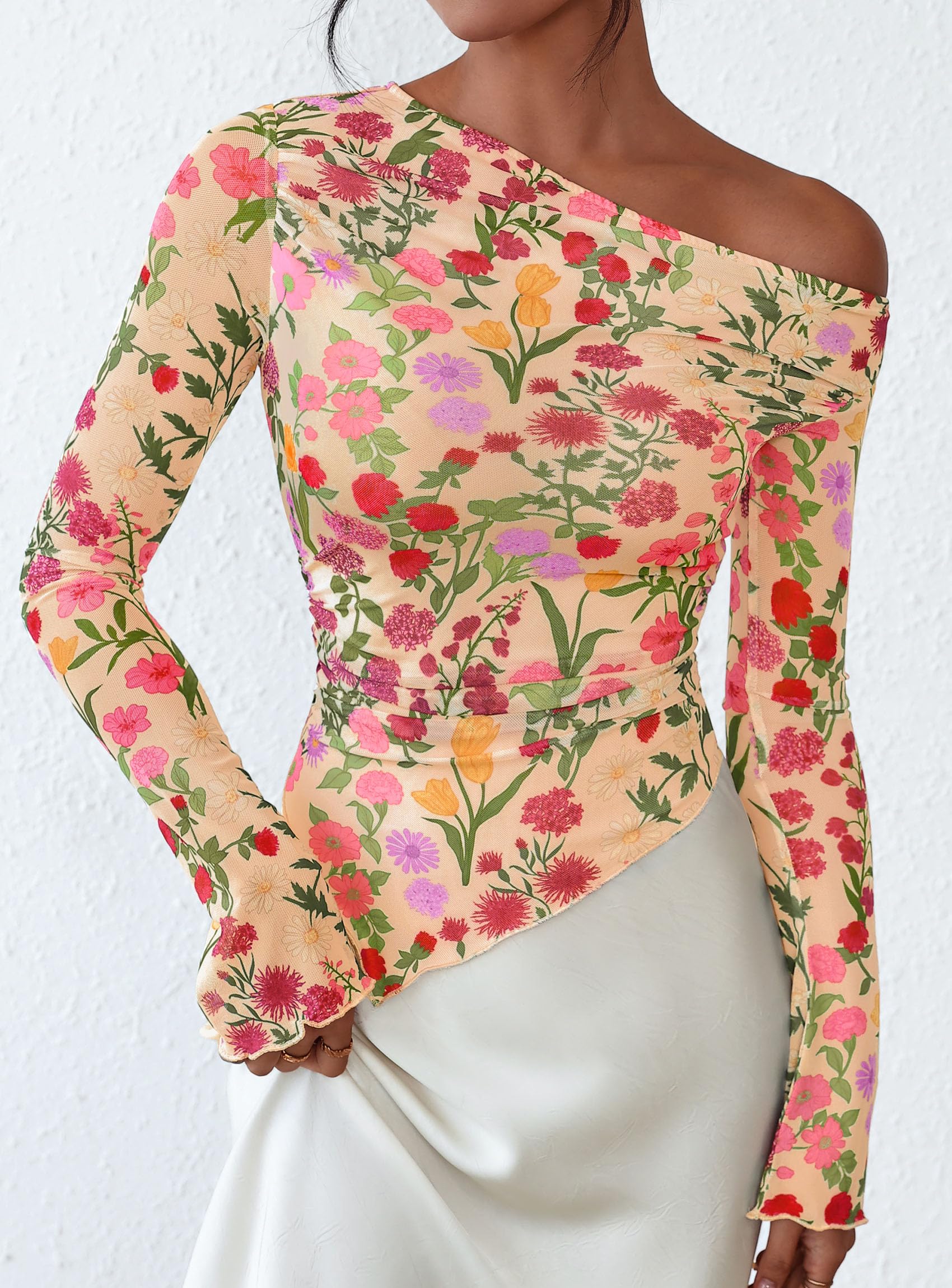 Womens Off Shoulder Mesh Y2k Tops,Floral Apricot Multi,XS