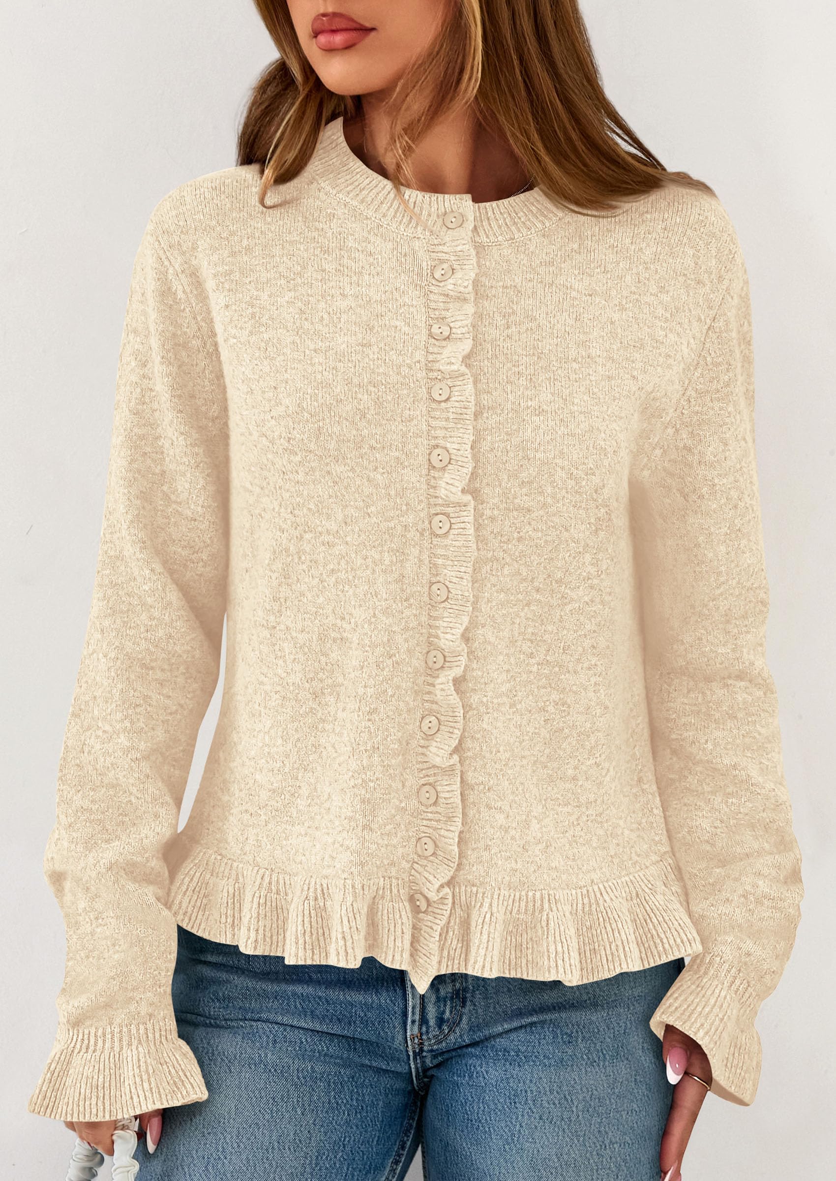 Womens Ruffle Button Down Cardigan Sweaters,Beige,S