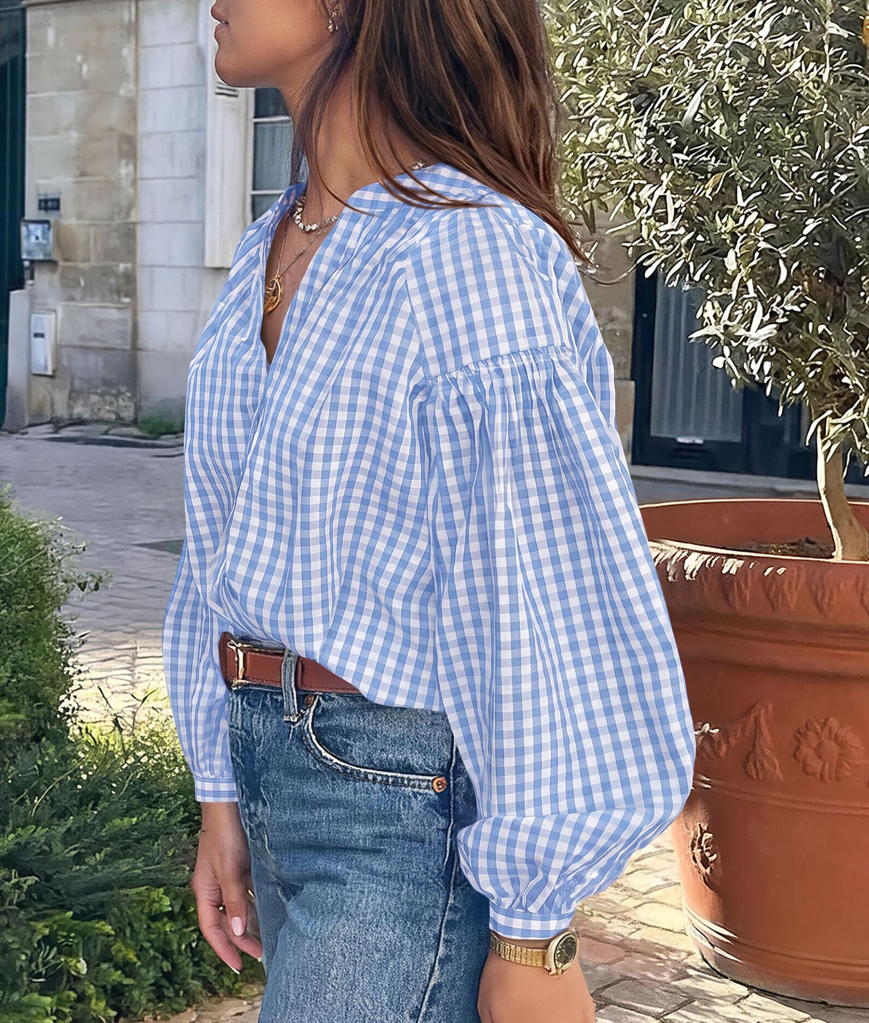Women Fall Plaid Long Puff Sleeve Shirts V Neck Casual Blouses