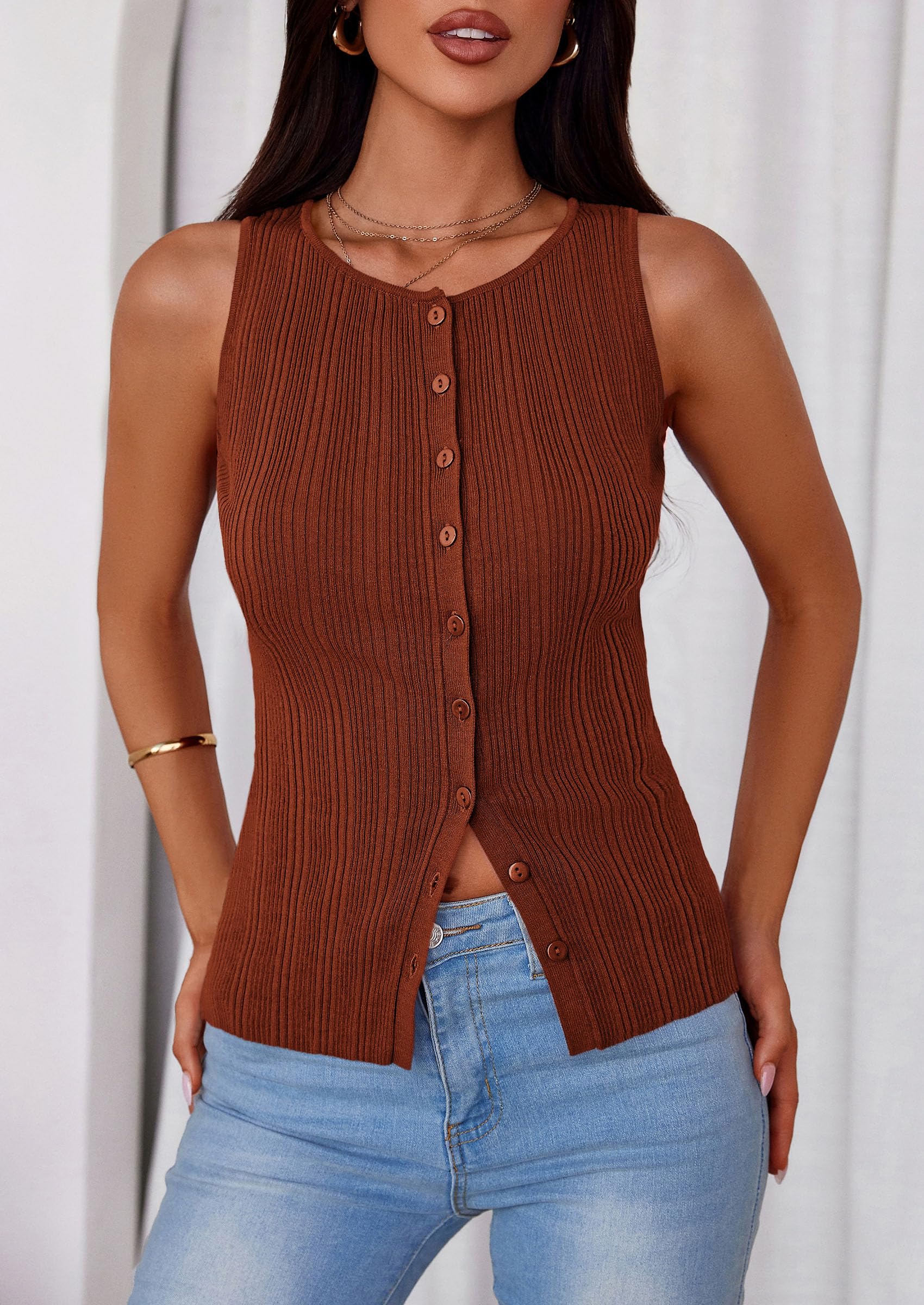 Sleeveless Button Down Shirts for Women Summer 2026 Going Out Ribbed Knit Tank Tops Y2K Clothes Trendy Vest Tops Caramel
