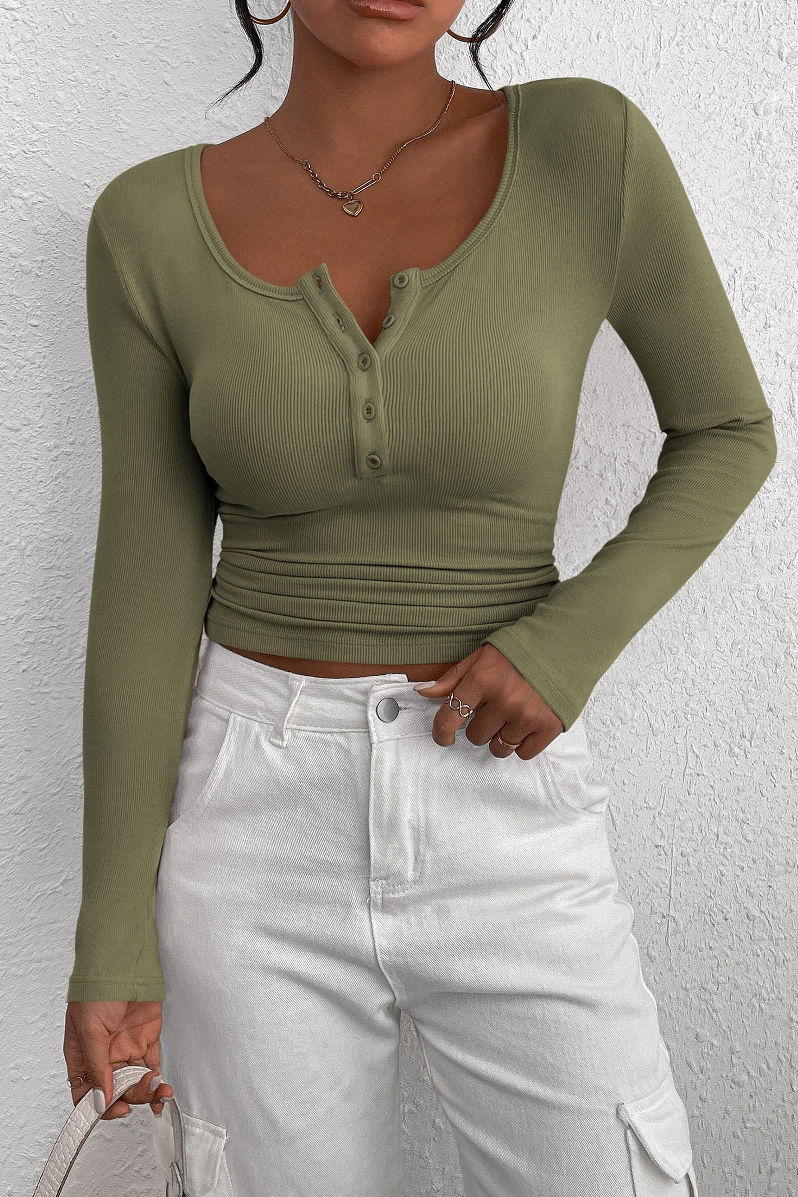 Women's Fall Long Sleeve Henley T Shirts Grey Green