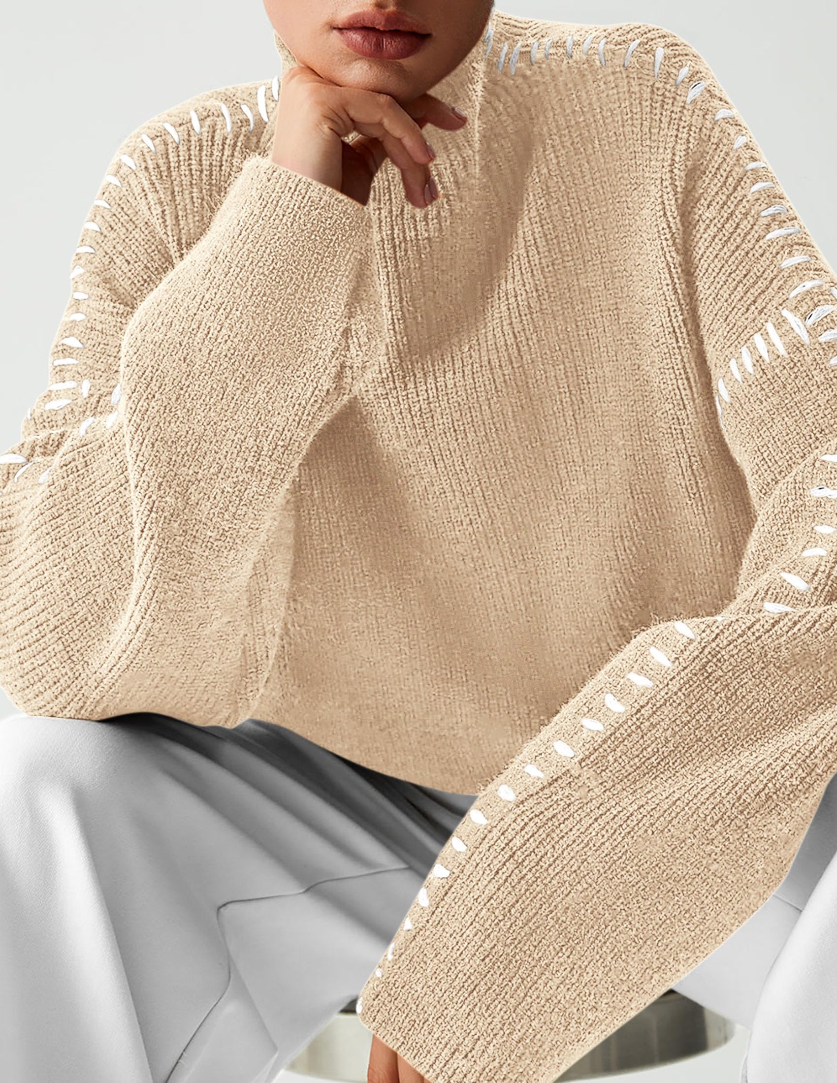 Womens Chunky Knit Oversized Pullover Sweaters,Apricot,S
