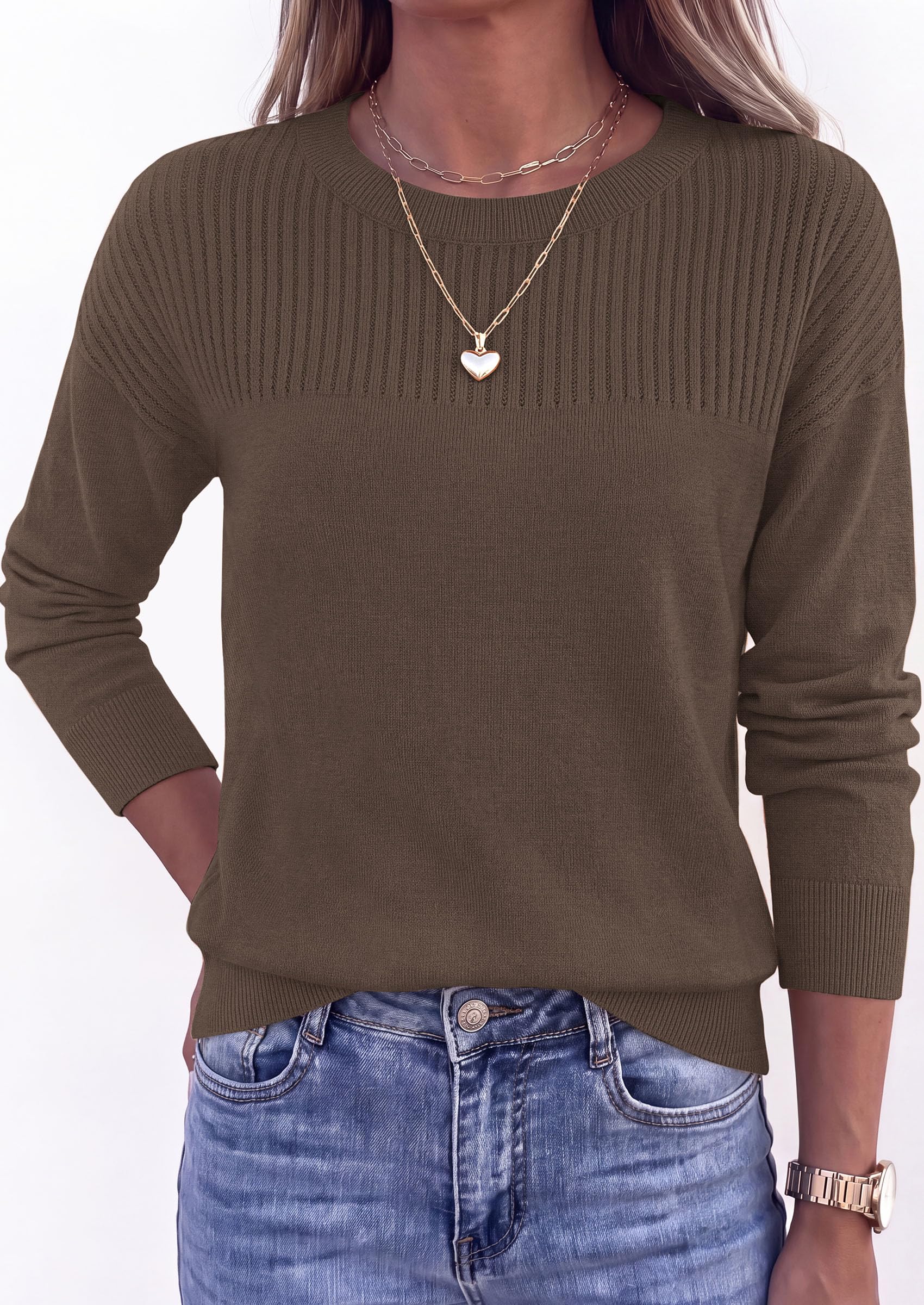 Sweaters for Women Fall Crewneck Knit Cropped Sweater Coffee