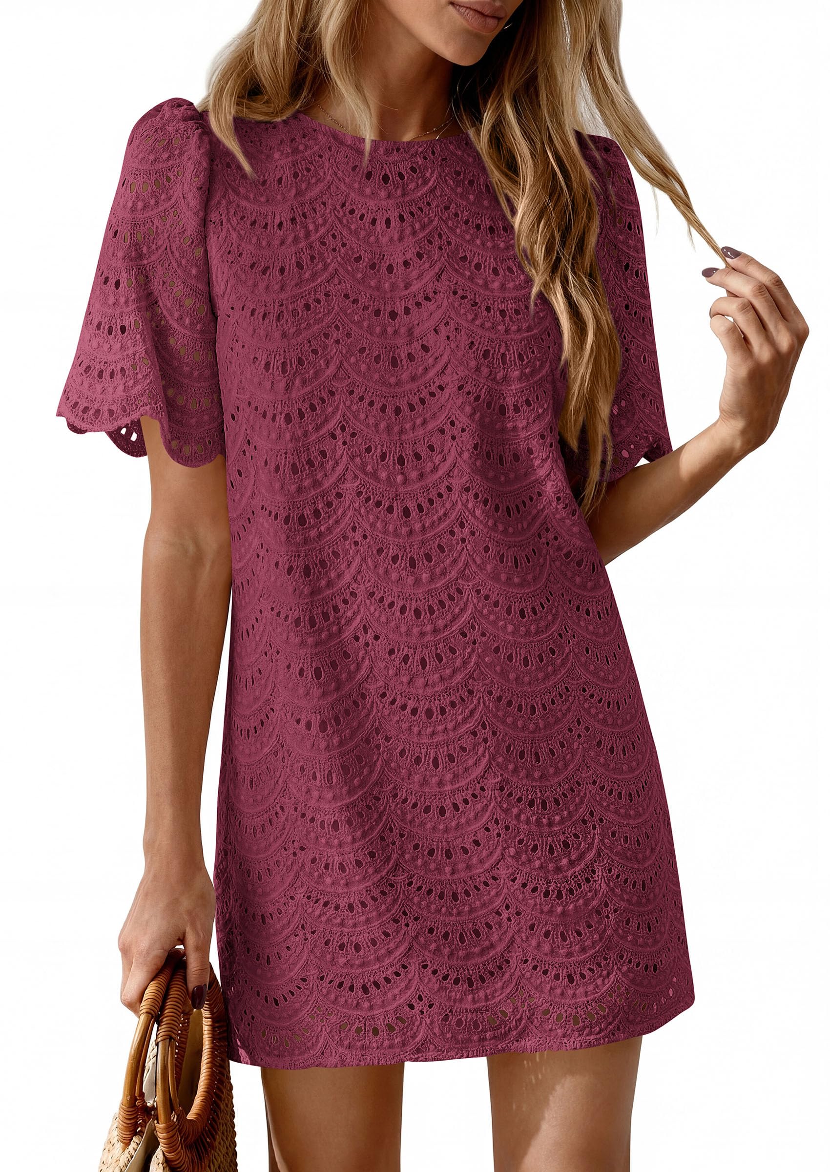 Women's Summer Eyelet Lace Short Dress (Burgundy,S)