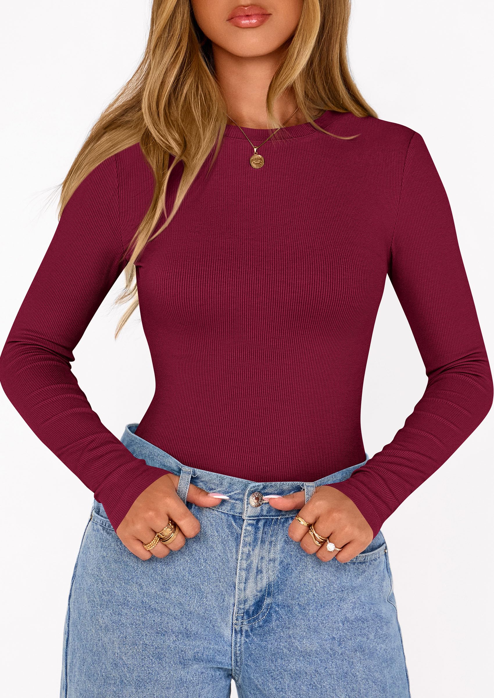 Bodysuits for Women Fall Ribbed Knit Long Sleeve T Shirts