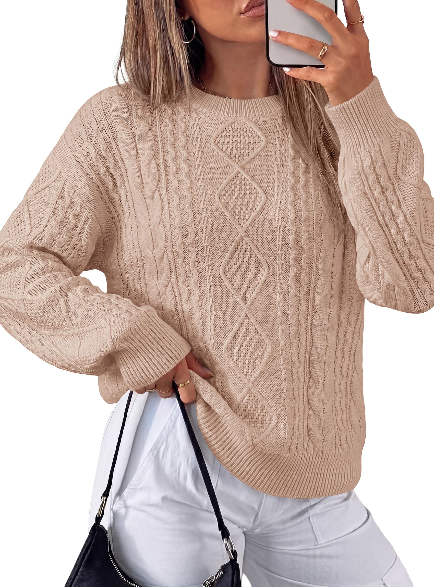 Women's Crewneck Cable Knit Sweater Pullover Tops Khaki