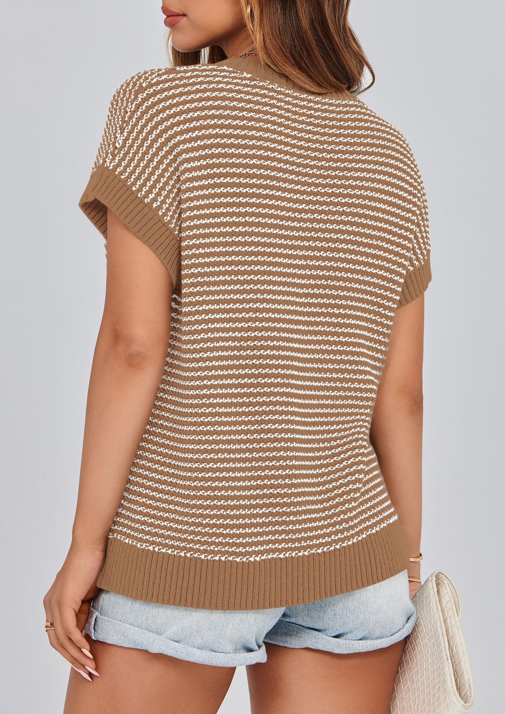 Women's Striped Short Sleeve Sweater Vest Dark Khaki,S