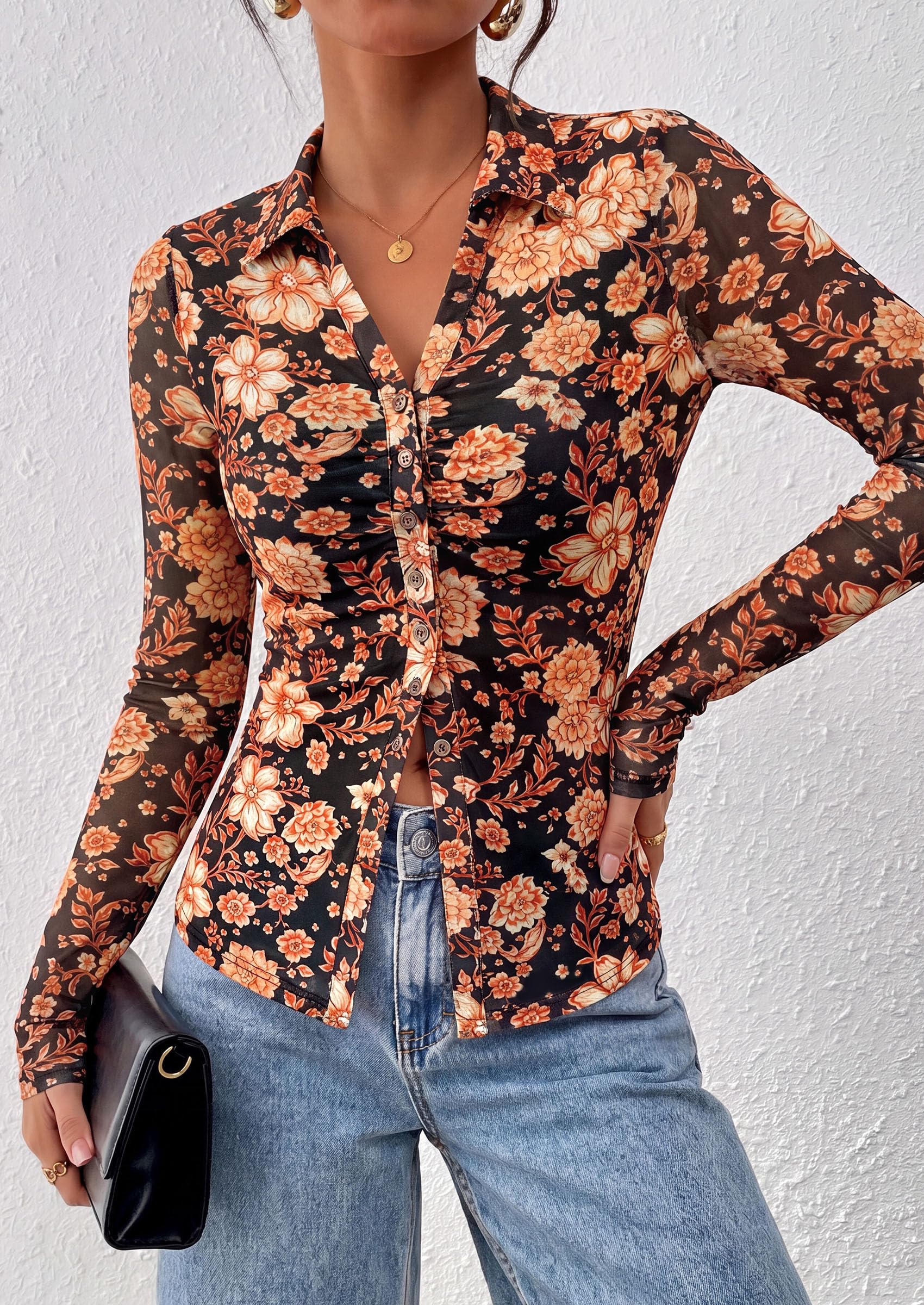 Women's Button Down Shirts Boho Mesh Floral Going Out Tops