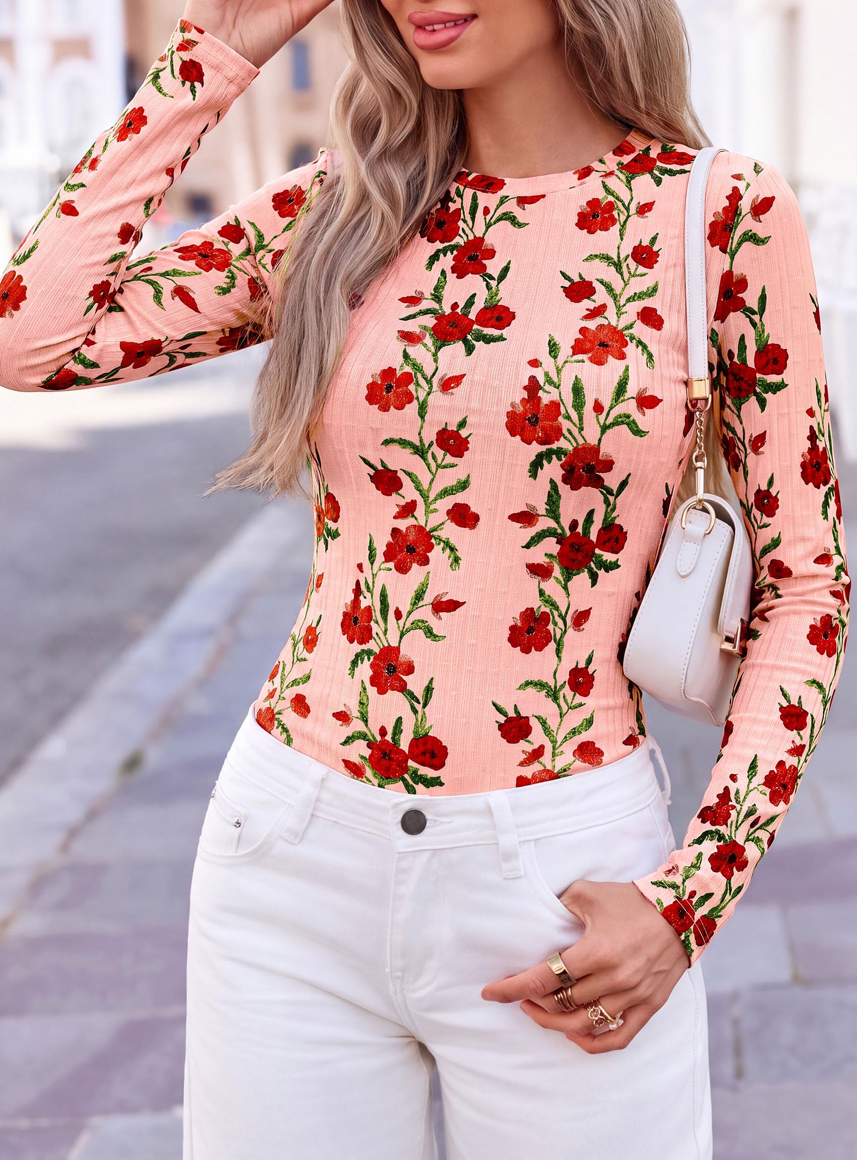 Womens Long Sleeve Shirts Floral Y2K Tops,Pink,XS