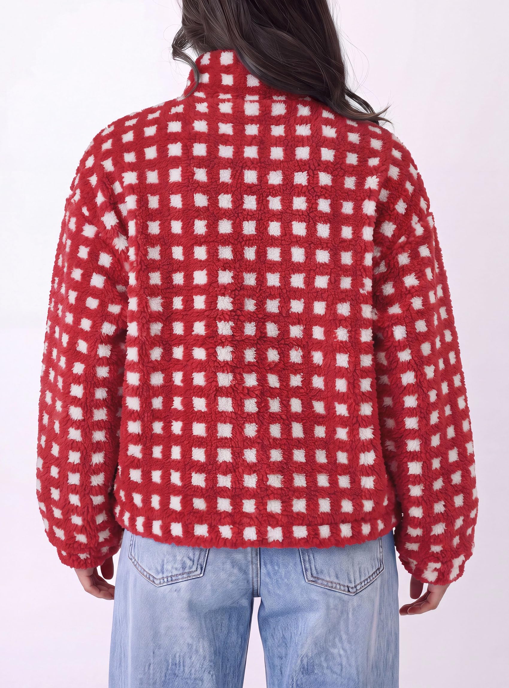 Women's Gingham Sherpa Fleece Jacket Plaid Cropped Teddy Coat
