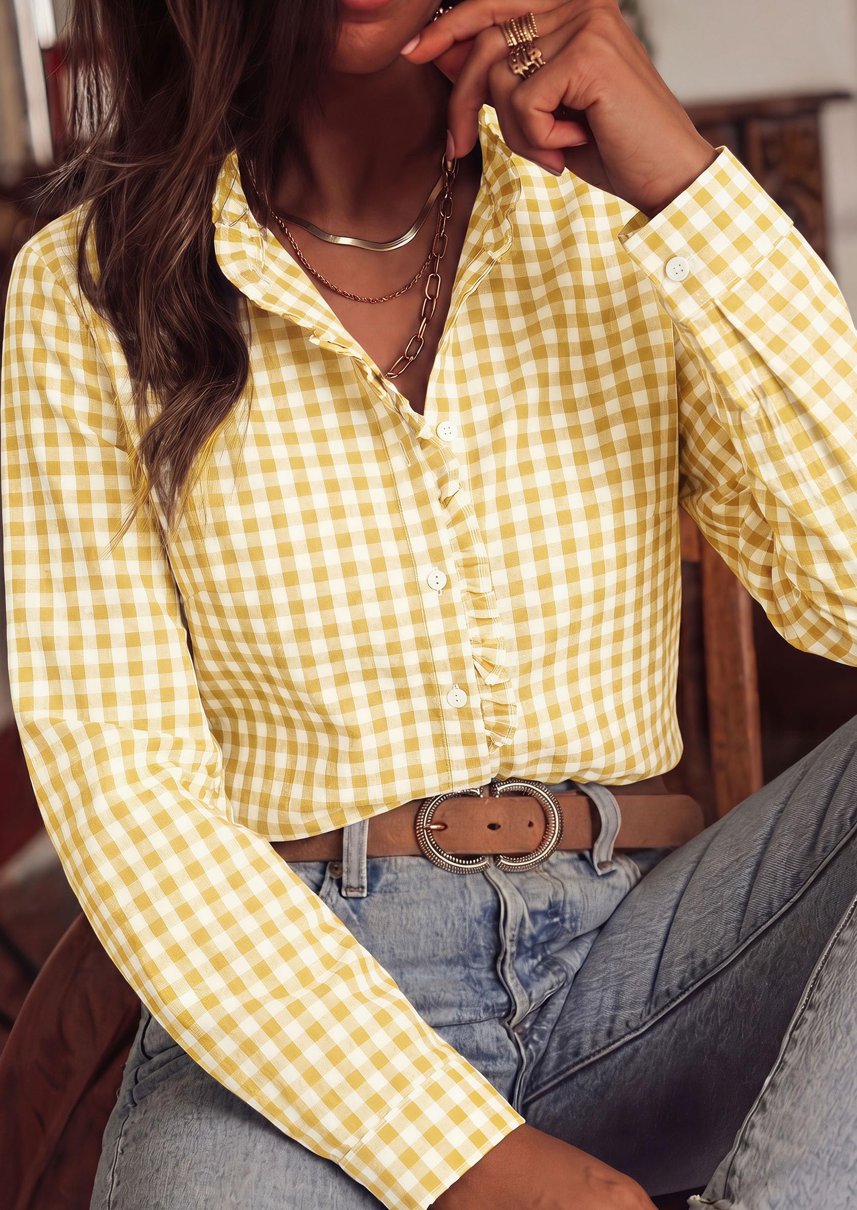 Womens Long Sleeve Button Down Shirts,Yellow White,S