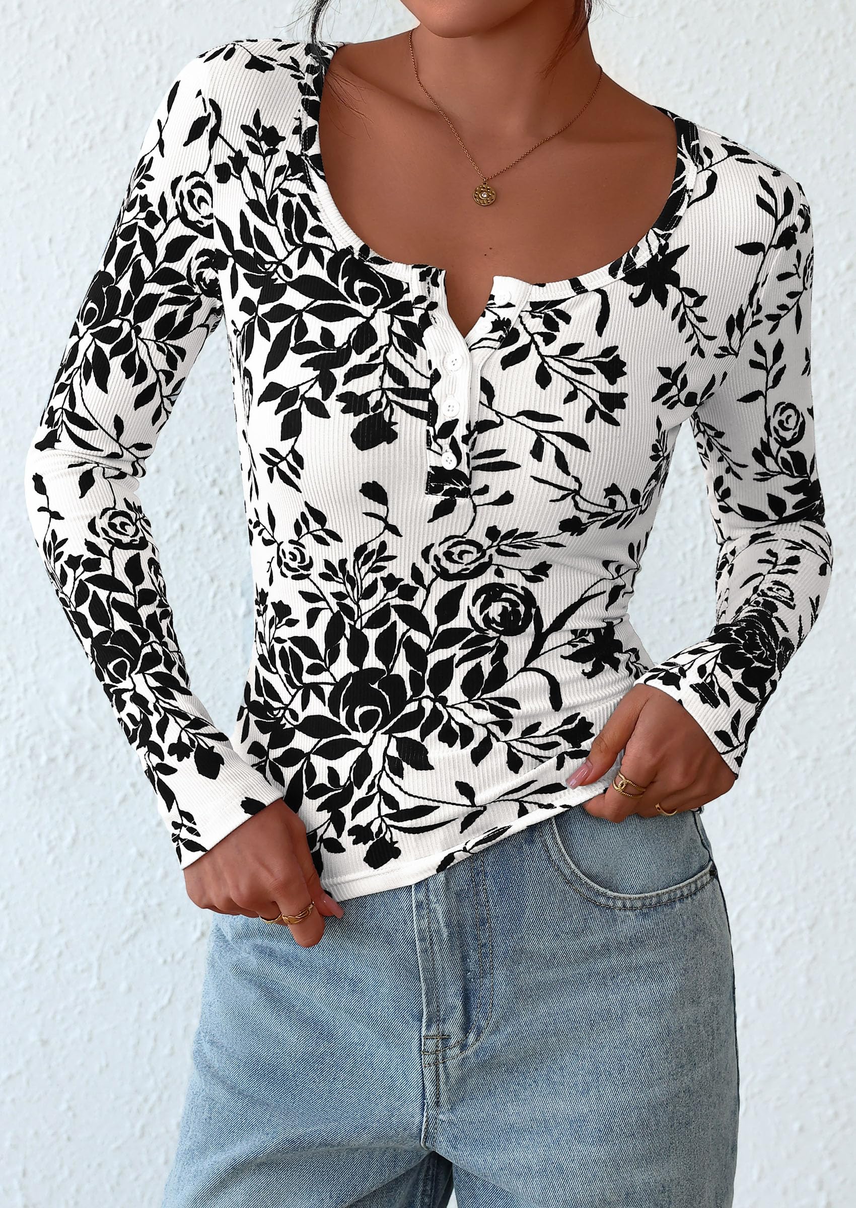 Women's Fall Long Sleeve Henley T Shirts Floral Black