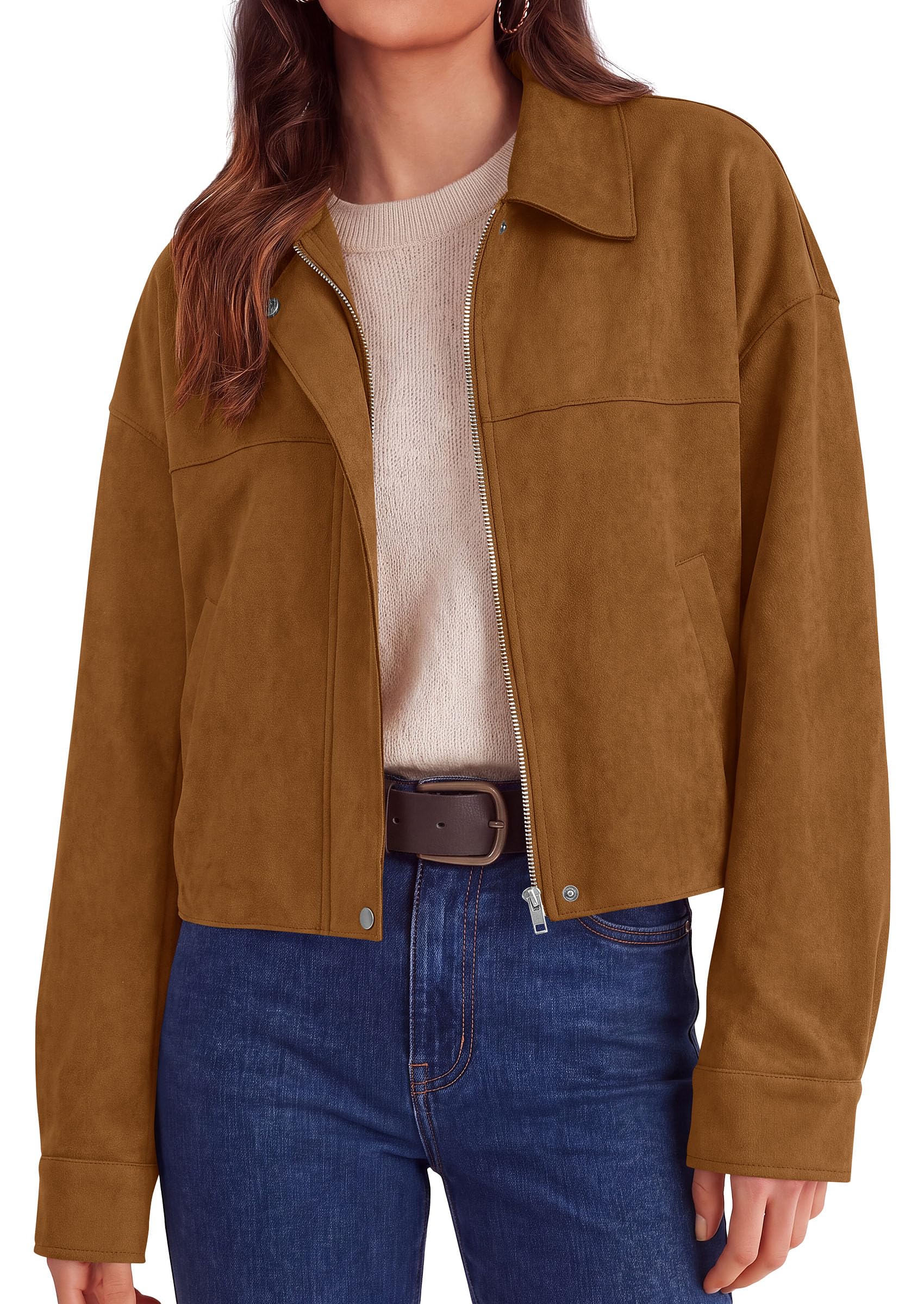 Women's Faux Suede Cropped Fall Jackets,Brown,S
