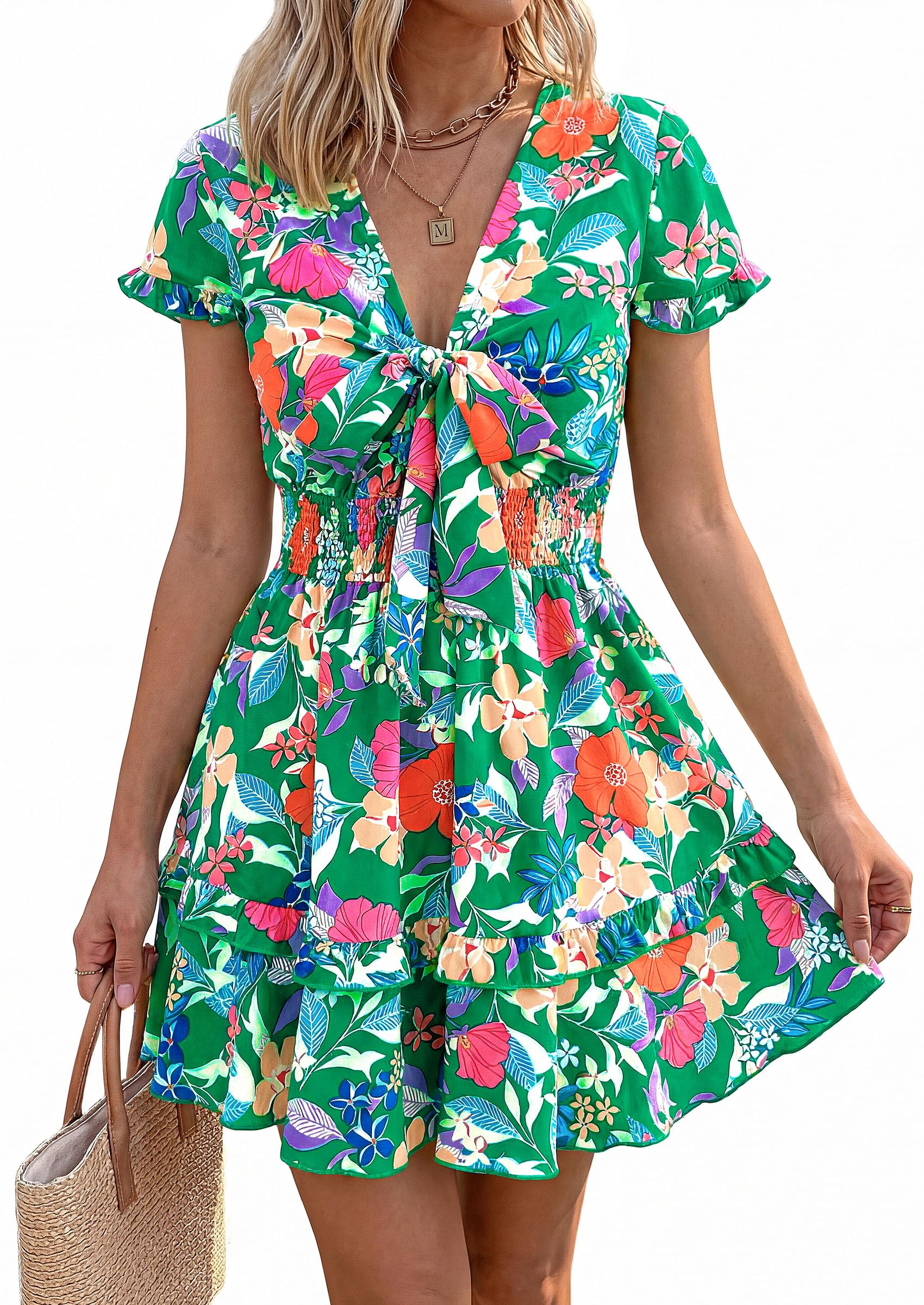 Women's Boho Floral Mini Tiered Dress, Floral Green Orange,S
