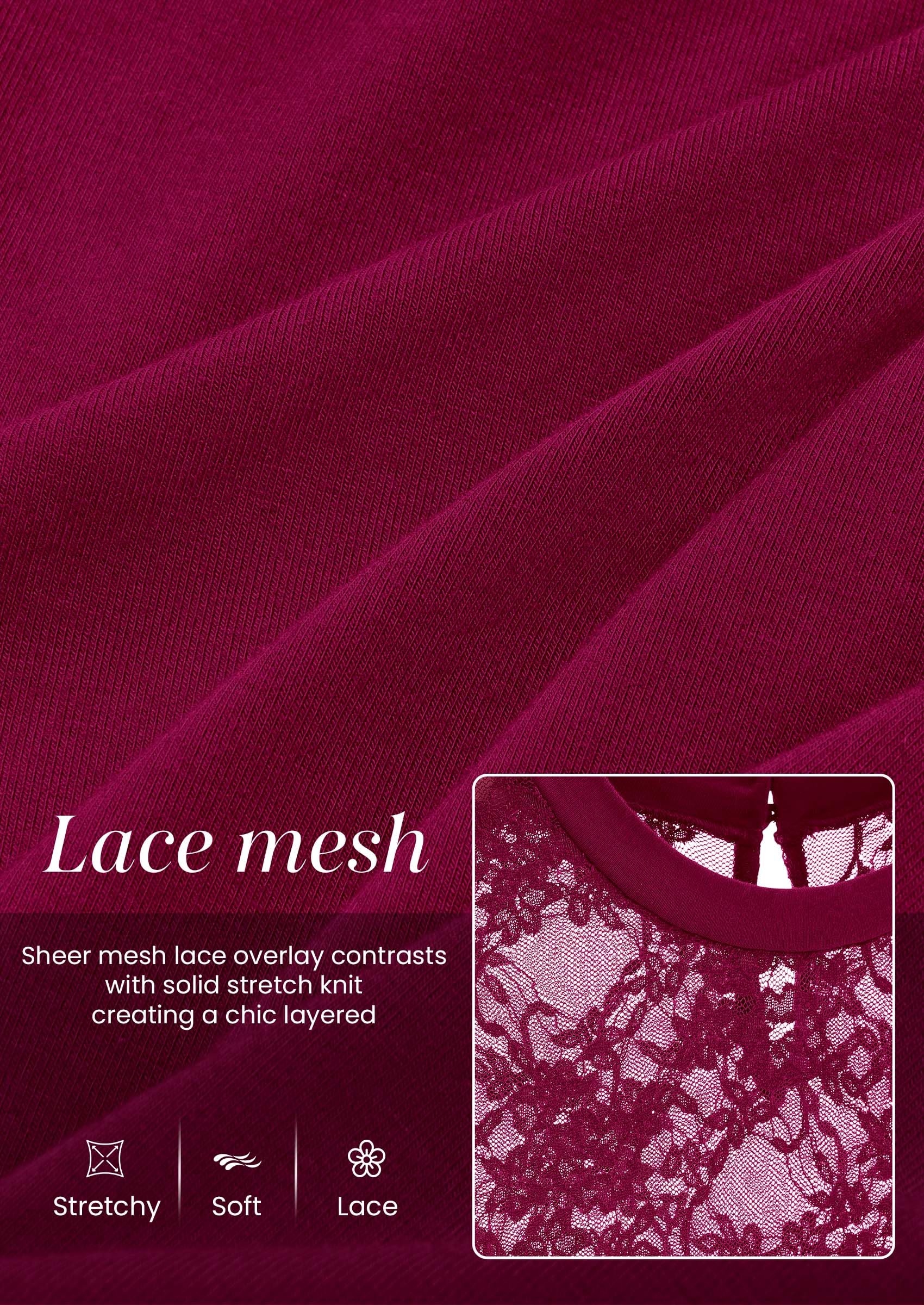 Womens Mesh Sheer Shirts Lace Long Sleeve Tops,Burgundy,S