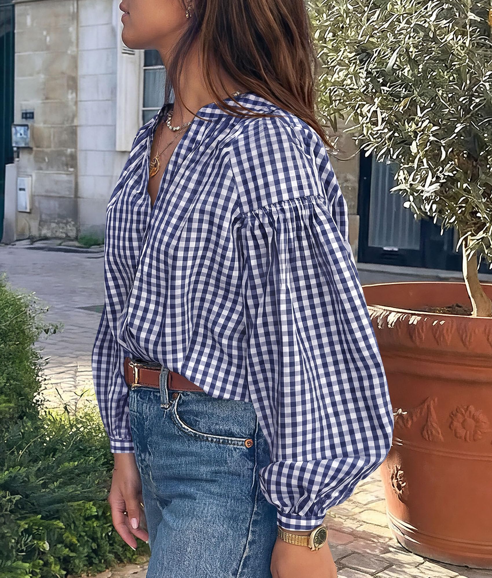 Women Fall Plaid Long Puff Sleeve Shirts V Neck Casual Blouses