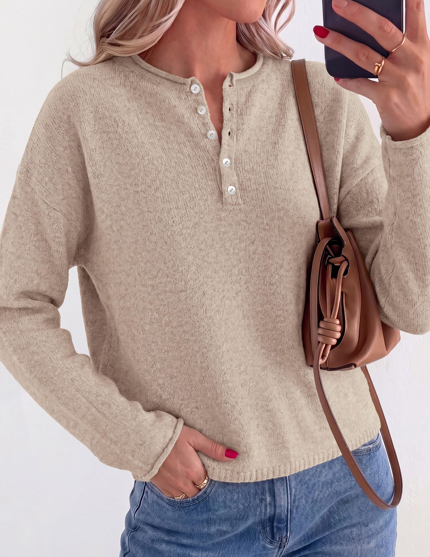 Women's Henley Cozy Sweaters Button Up Pullover Light Khaki