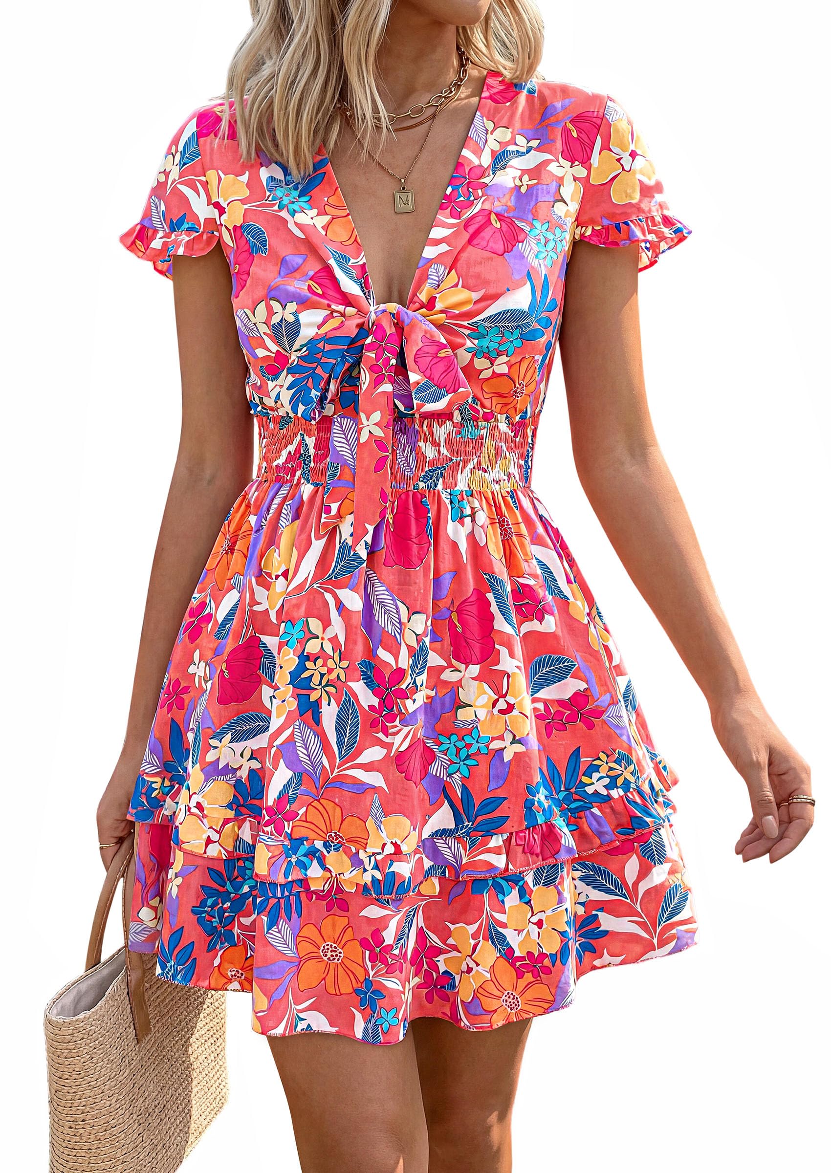 Women's Boho Floral Mini Tiered Dress, Floral Pink Orange,S