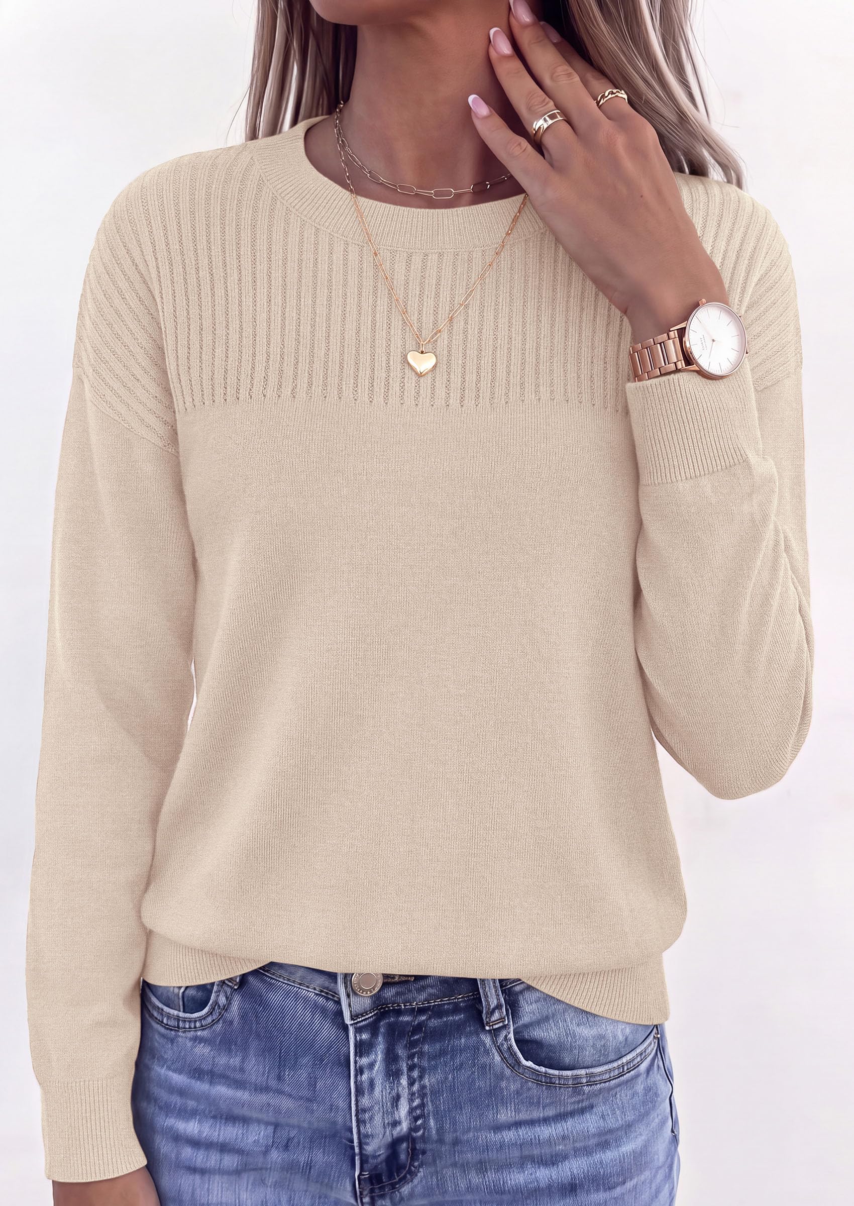 Sweaters for Women Fall Crewneck Knit Cropped Sweater Apricot